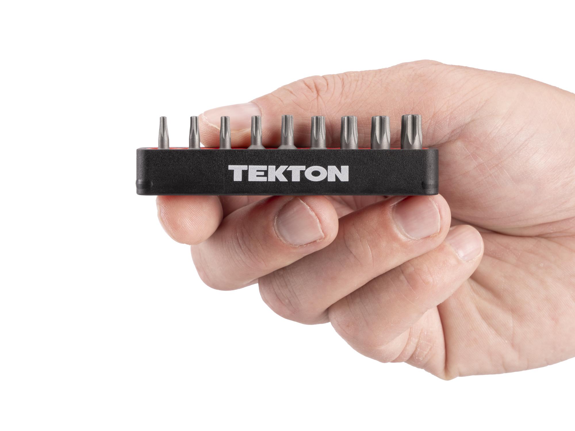 Person holding Tekton rail bit set. Item #DZT93006