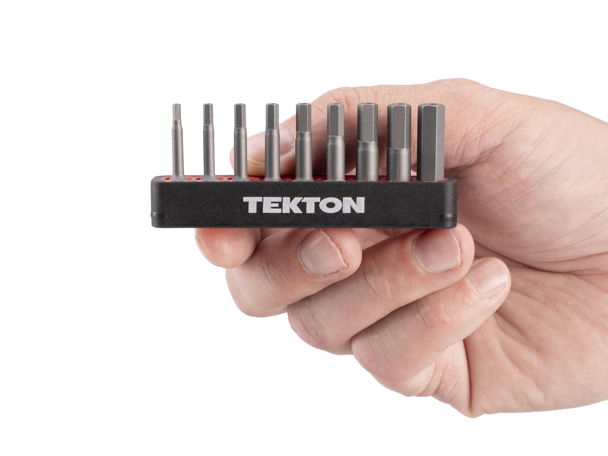 Person holding Tekton rail bit set. Item #DZX93003