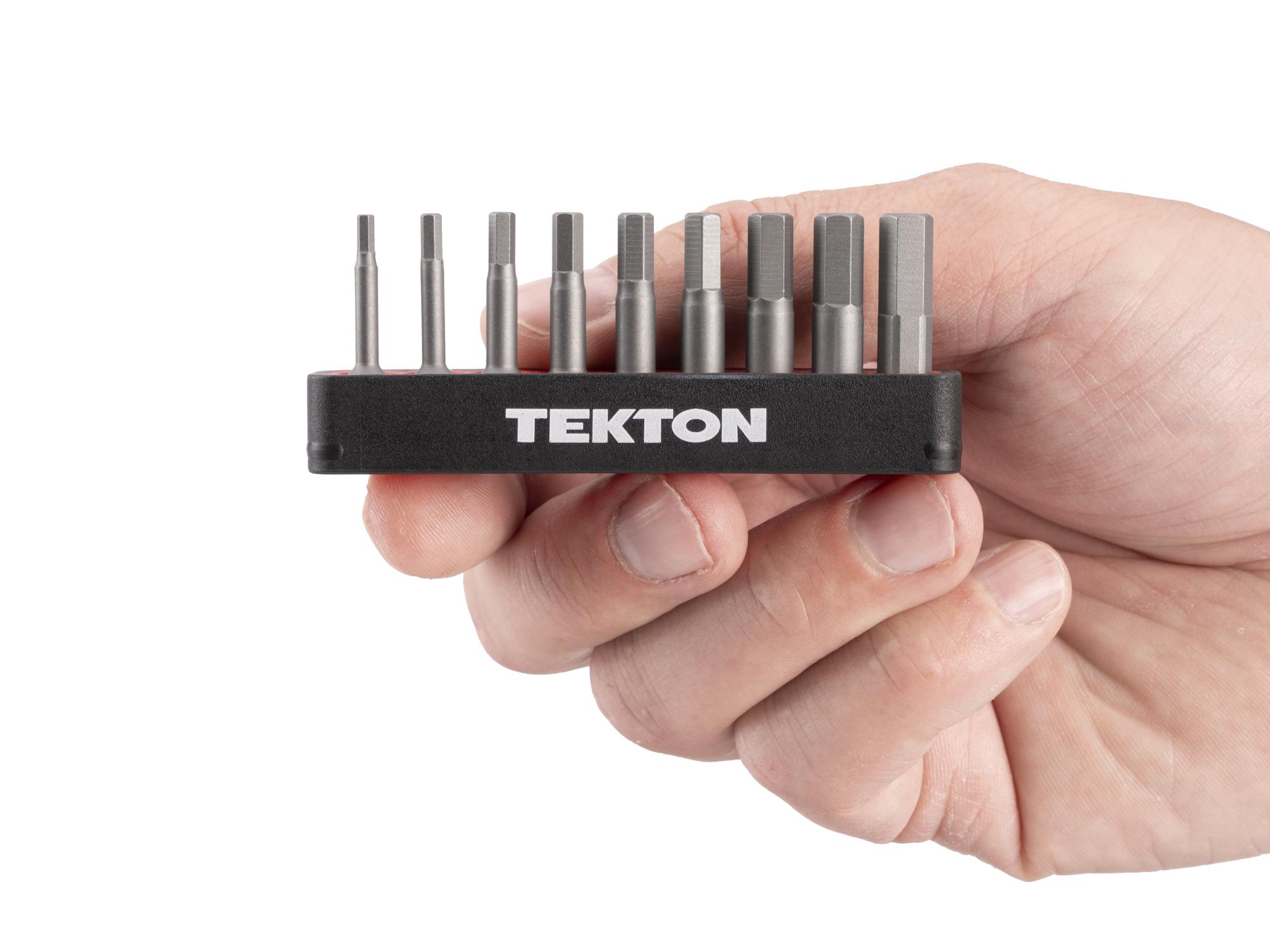 Person holding Tekton rail bit set. Item #DZX93004