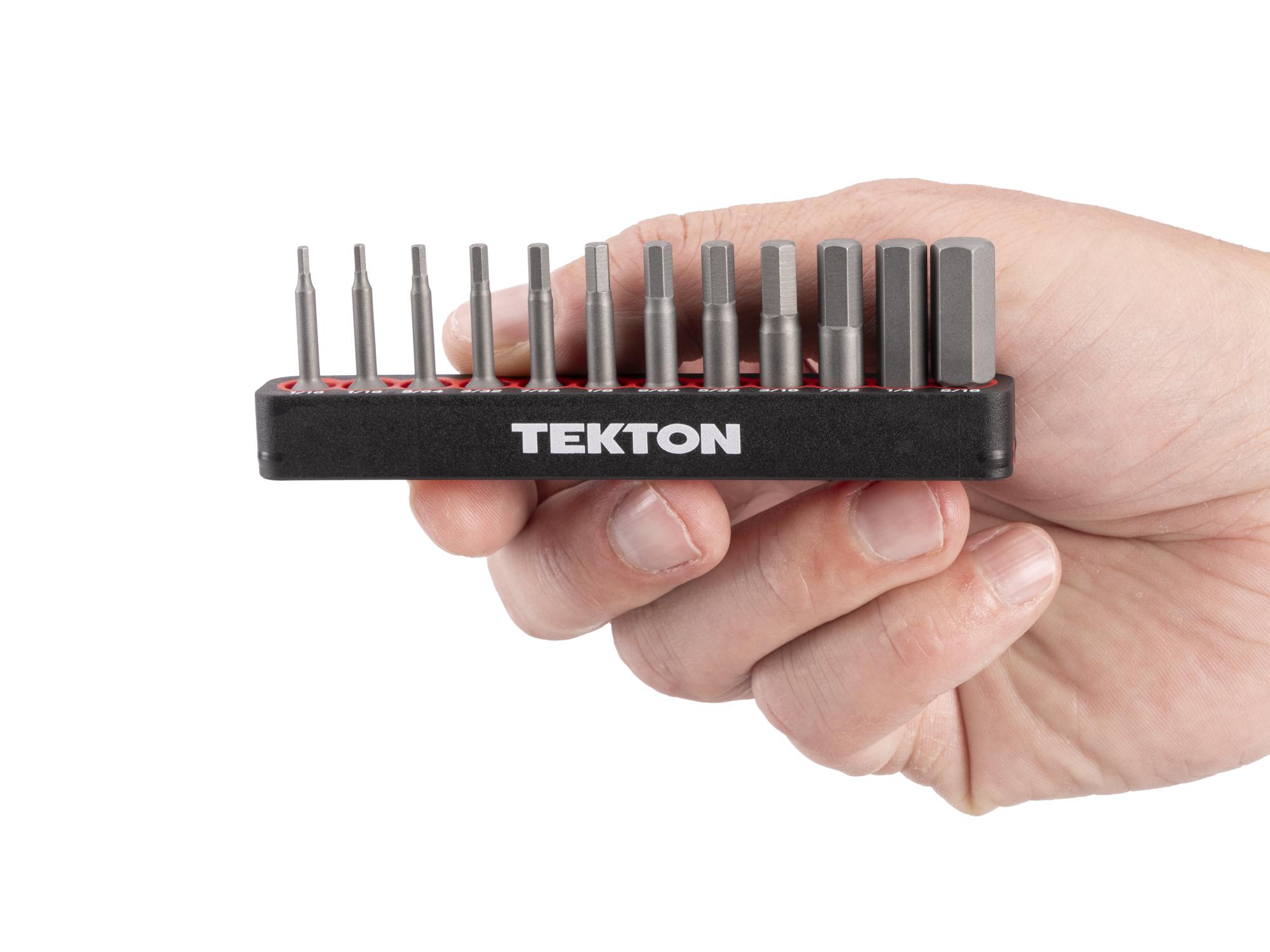 Person holding Tekton rail bit set. Item #DZX93006