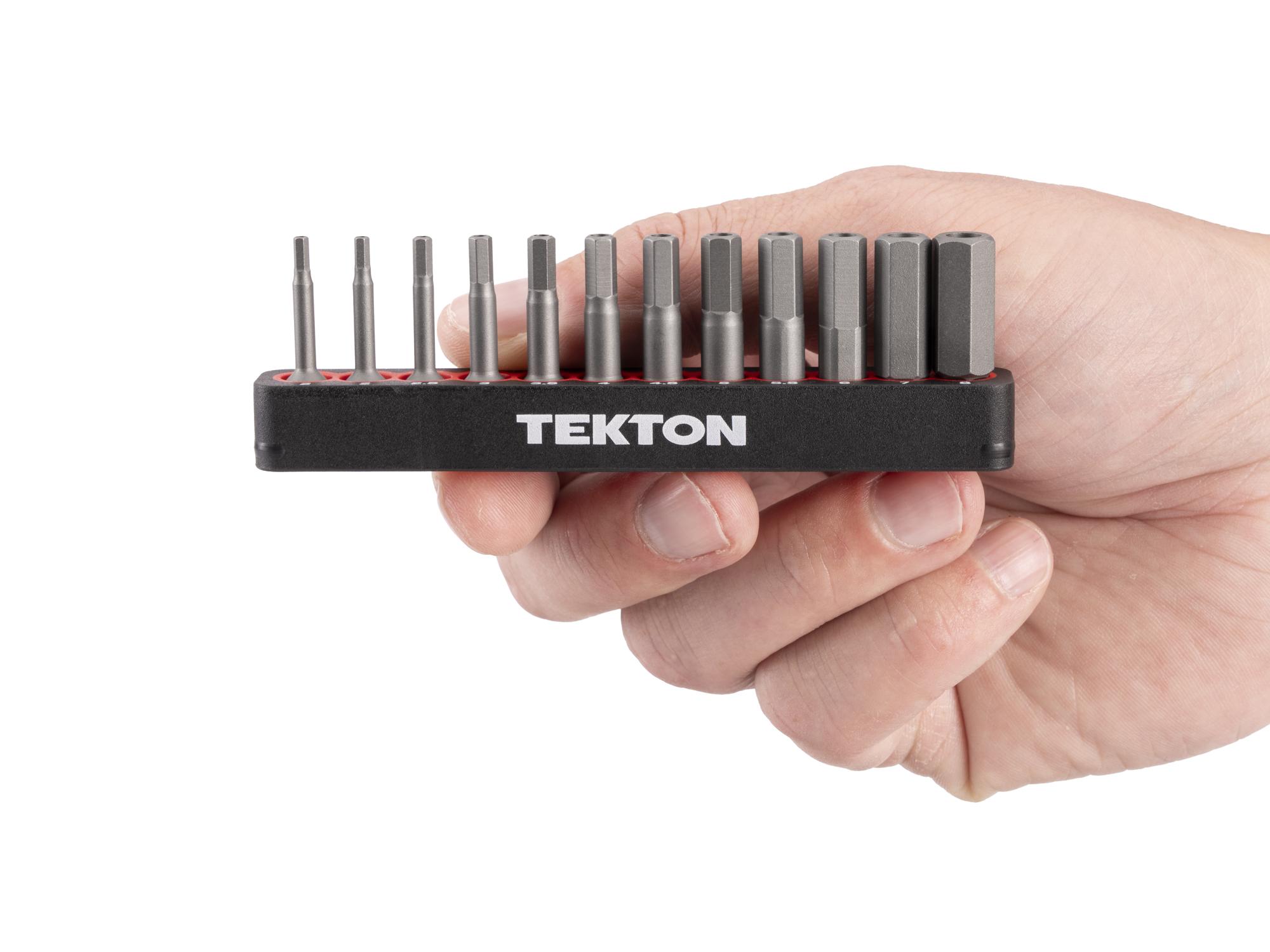 Person holding Tekton rail bit set. Item #DZX93007