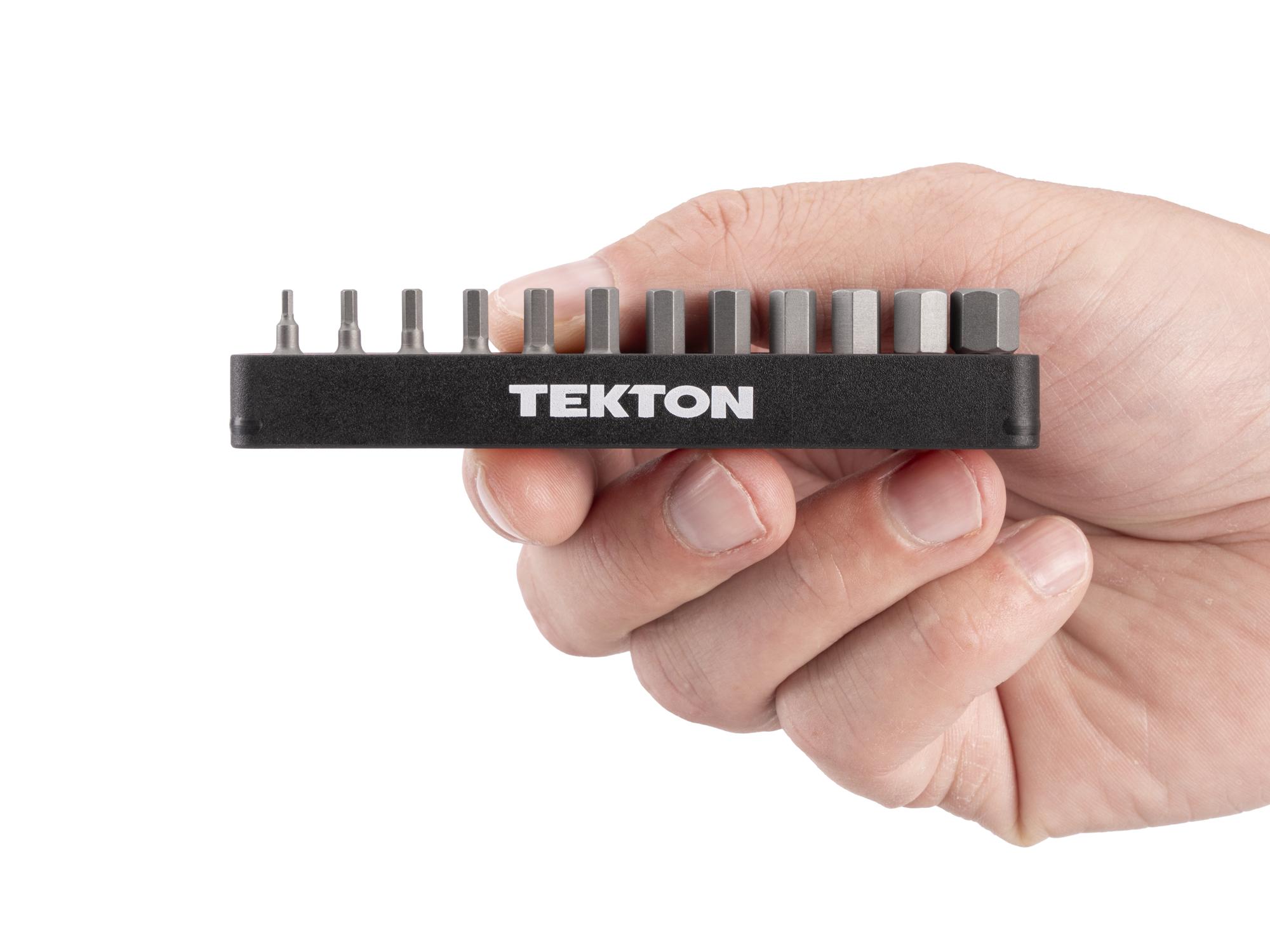 Person holding Tekton rail bit set. Item #DZX93009