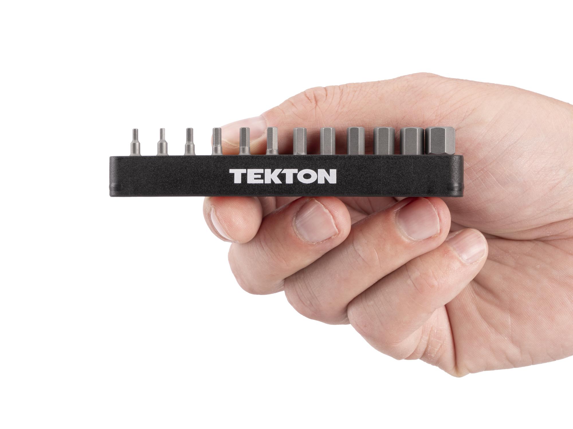 Person holding Tekton rail bit set. Item #DZX93010