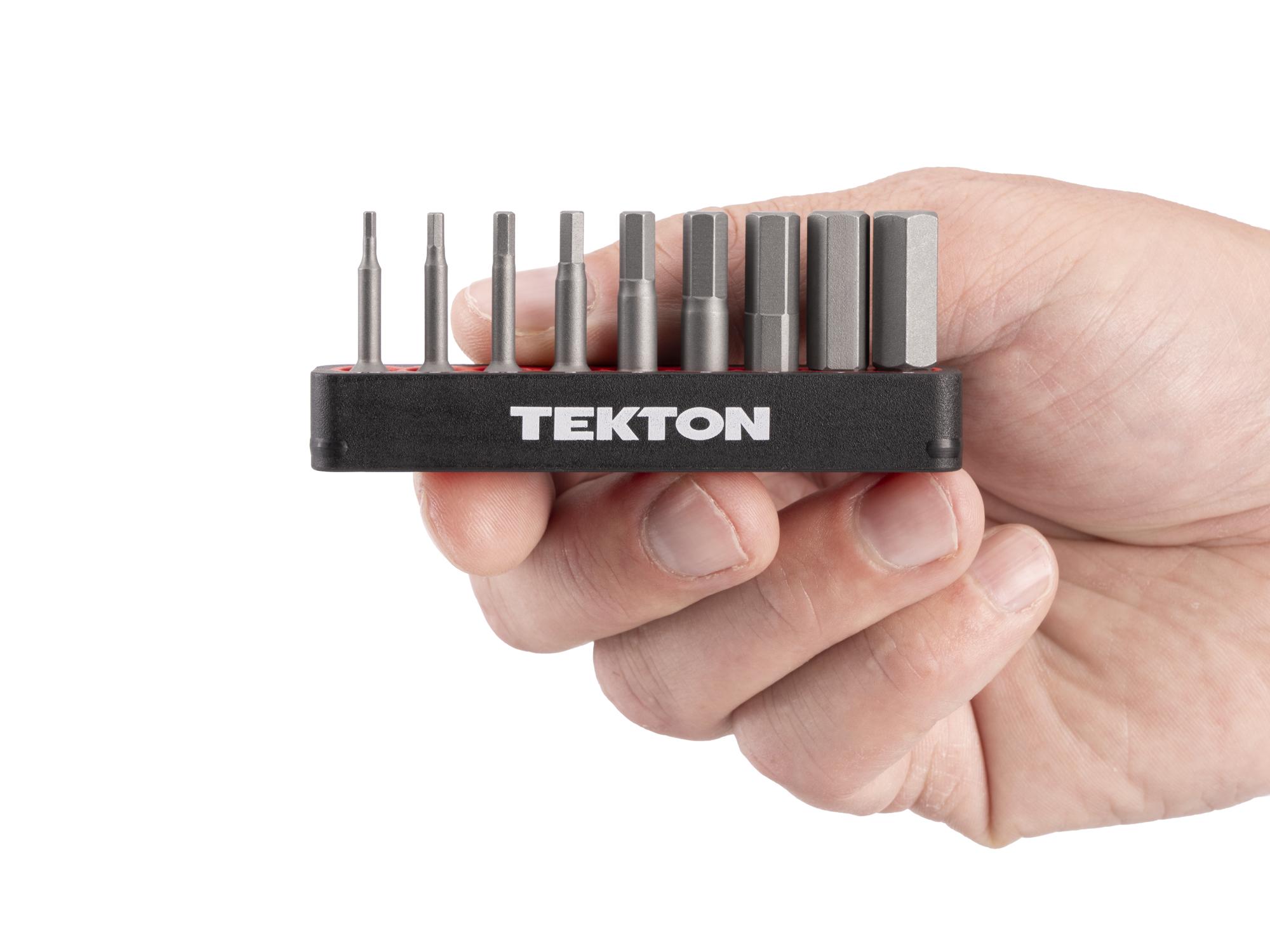 Person holding Tekton rail bit set. Item #DZX93011