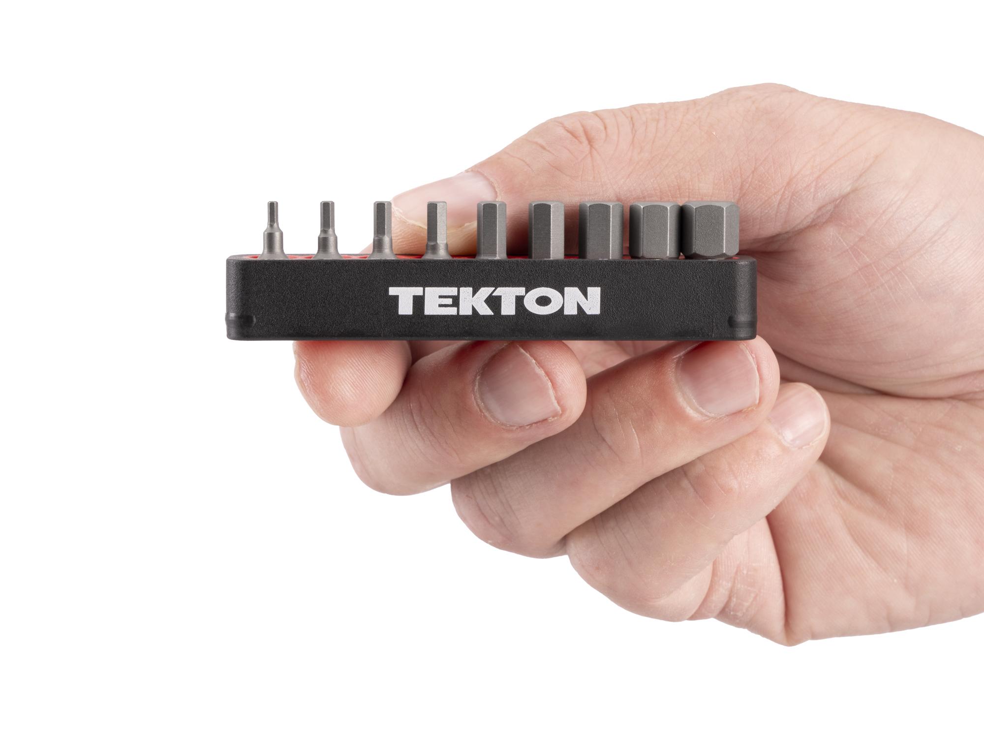 Person holding Tekton rail bit set. Item #DZX93012
