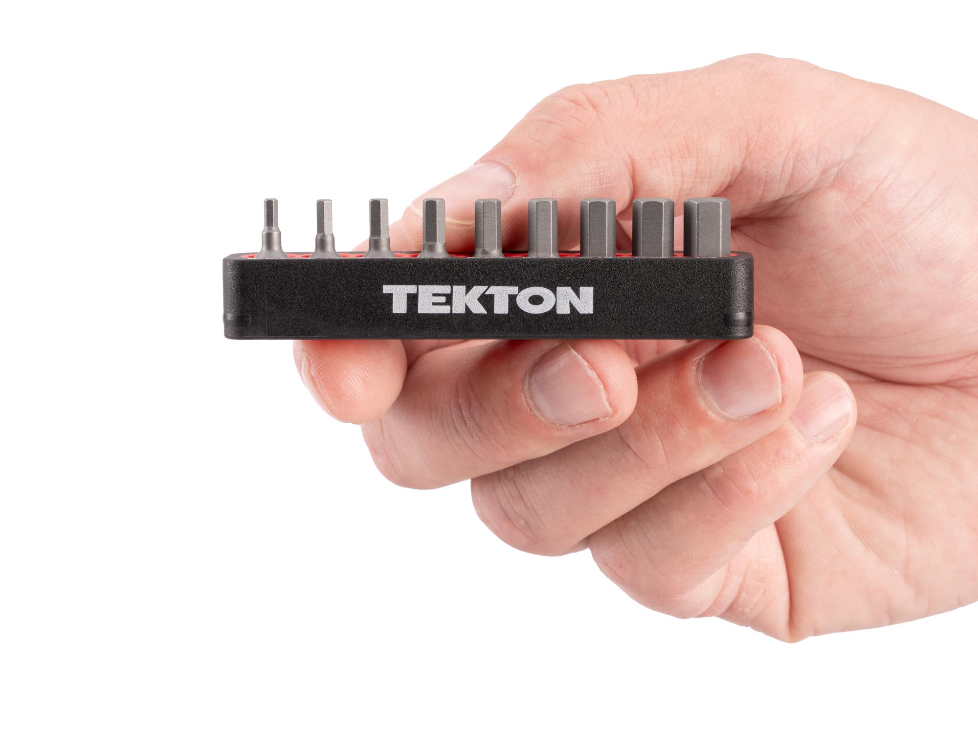 Person holding Tekton rail bit set. Item #DZX93013