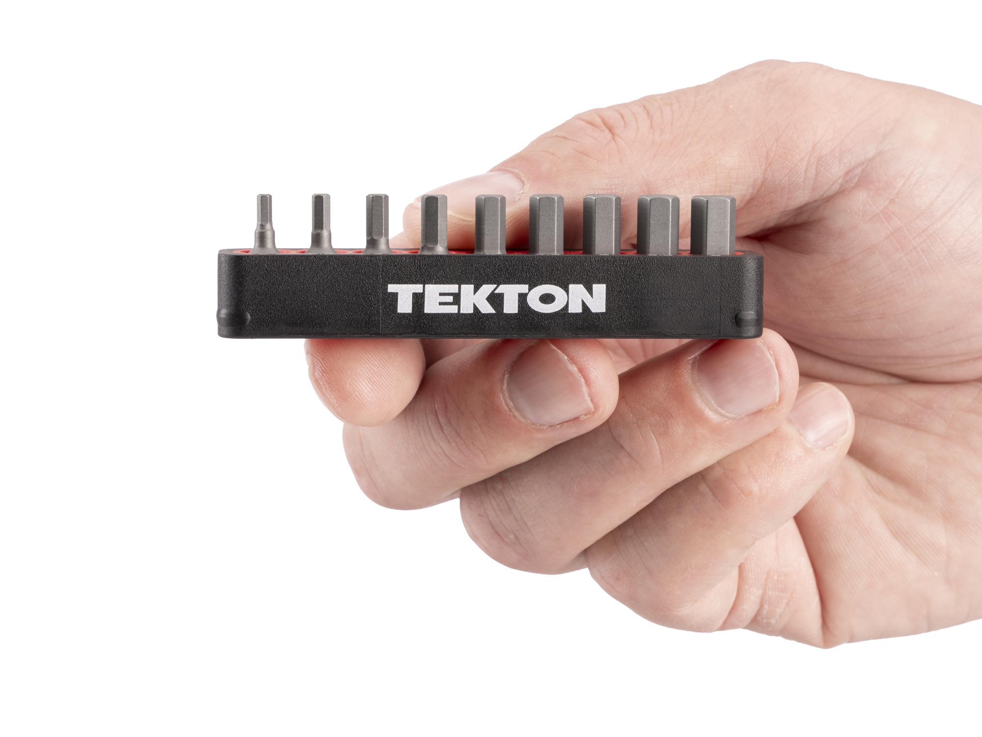 Person holding Tekton rail bit set. Item #DZX93014