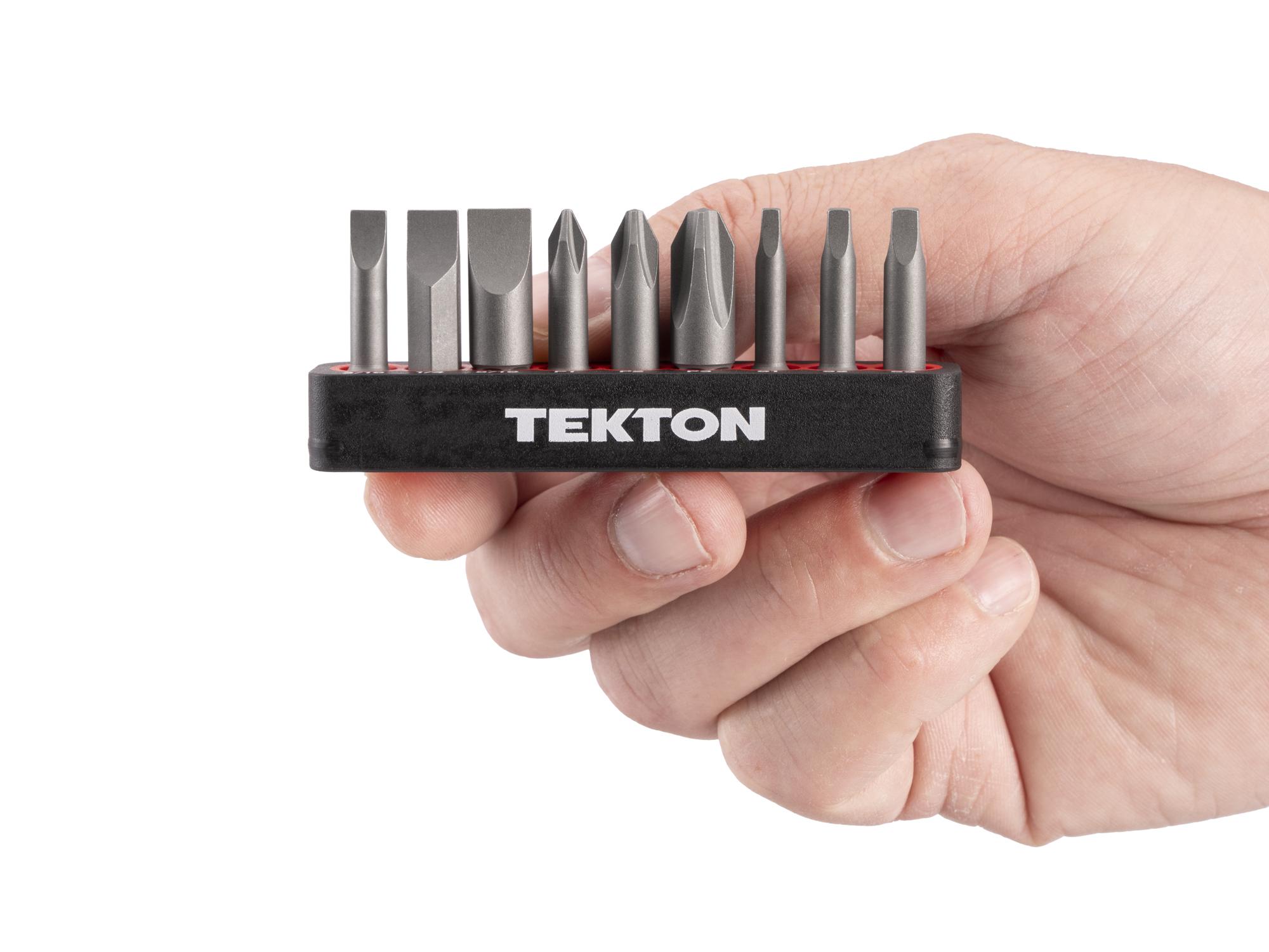 Person holding Tekton rail bit set. Item #DZZ93001