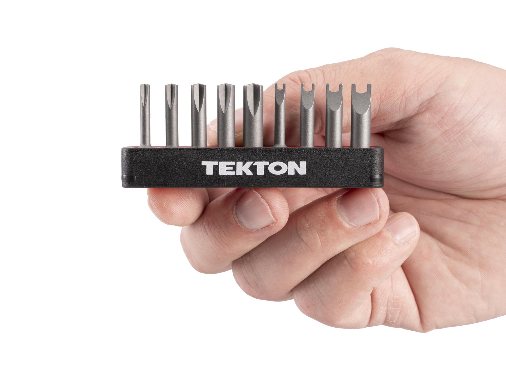 Person holding Tekton rail bit set. Item #DZZ93002