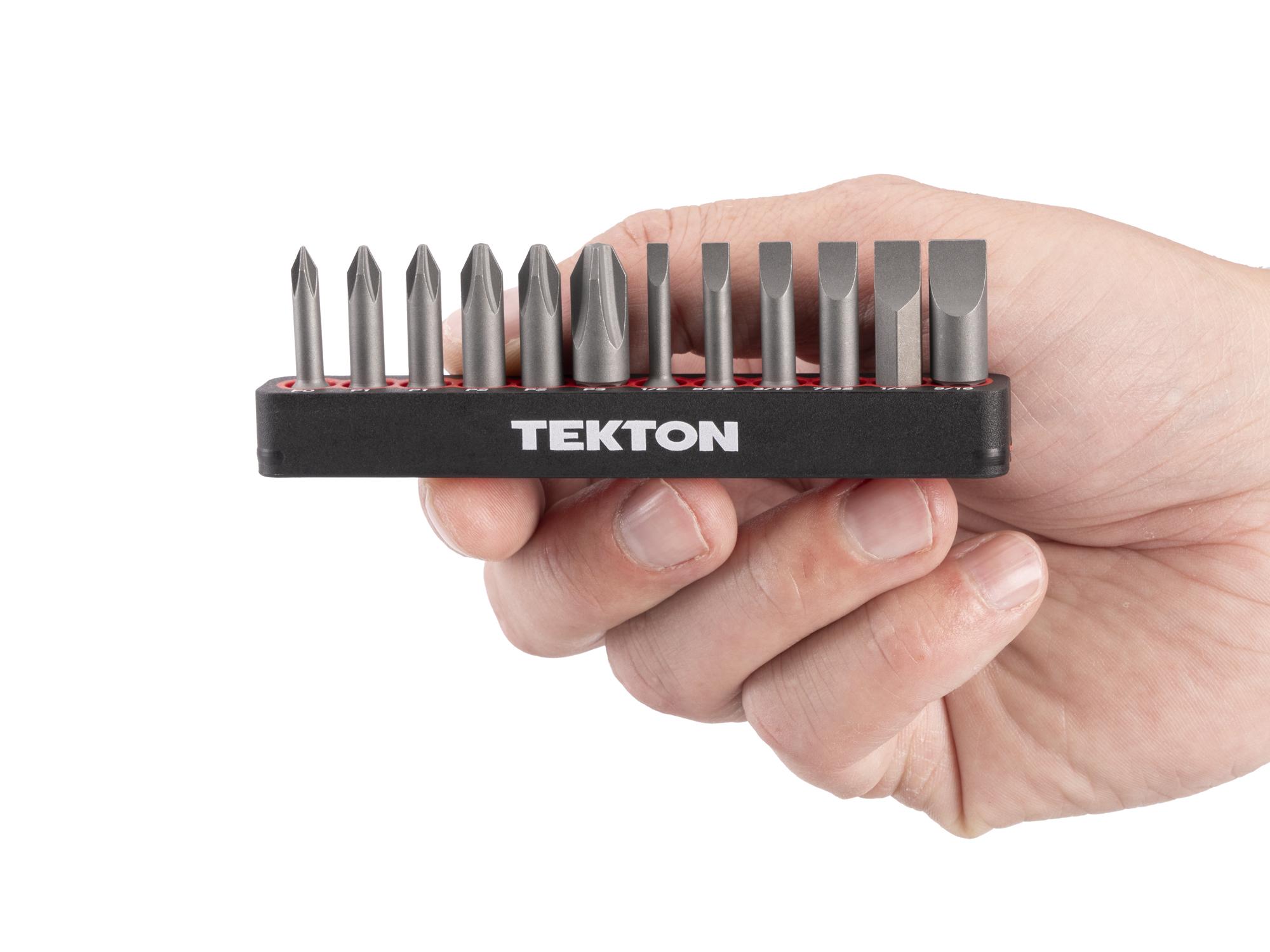 Person holding Tekton rail bit set. Item #DZZ93005