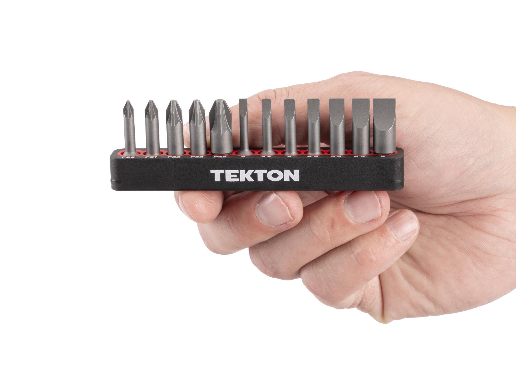 Person holding Tekton rail bit set. Item #DZZ93006