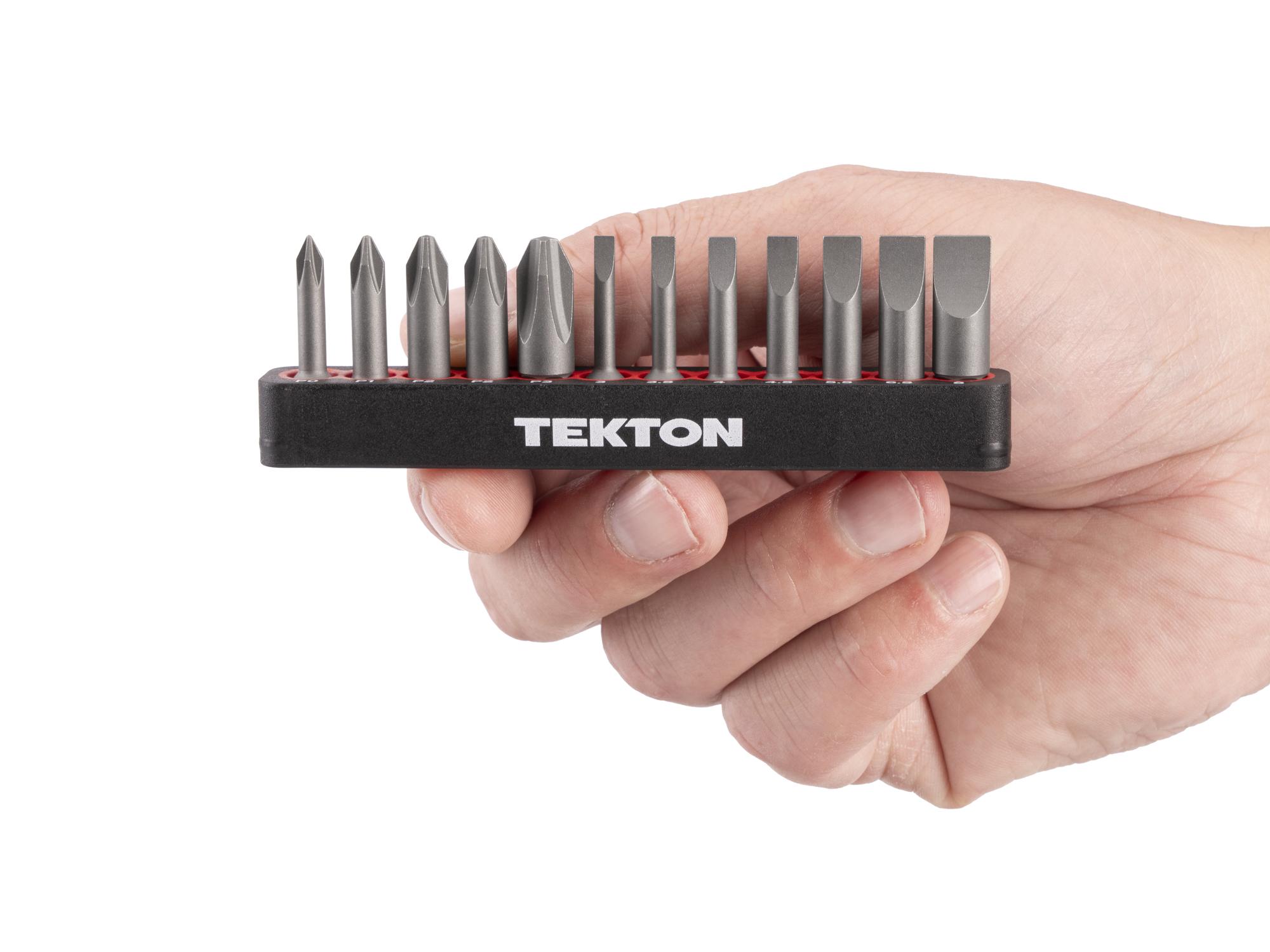 Person holding Tekton rail bit set. Item #DZZ93007