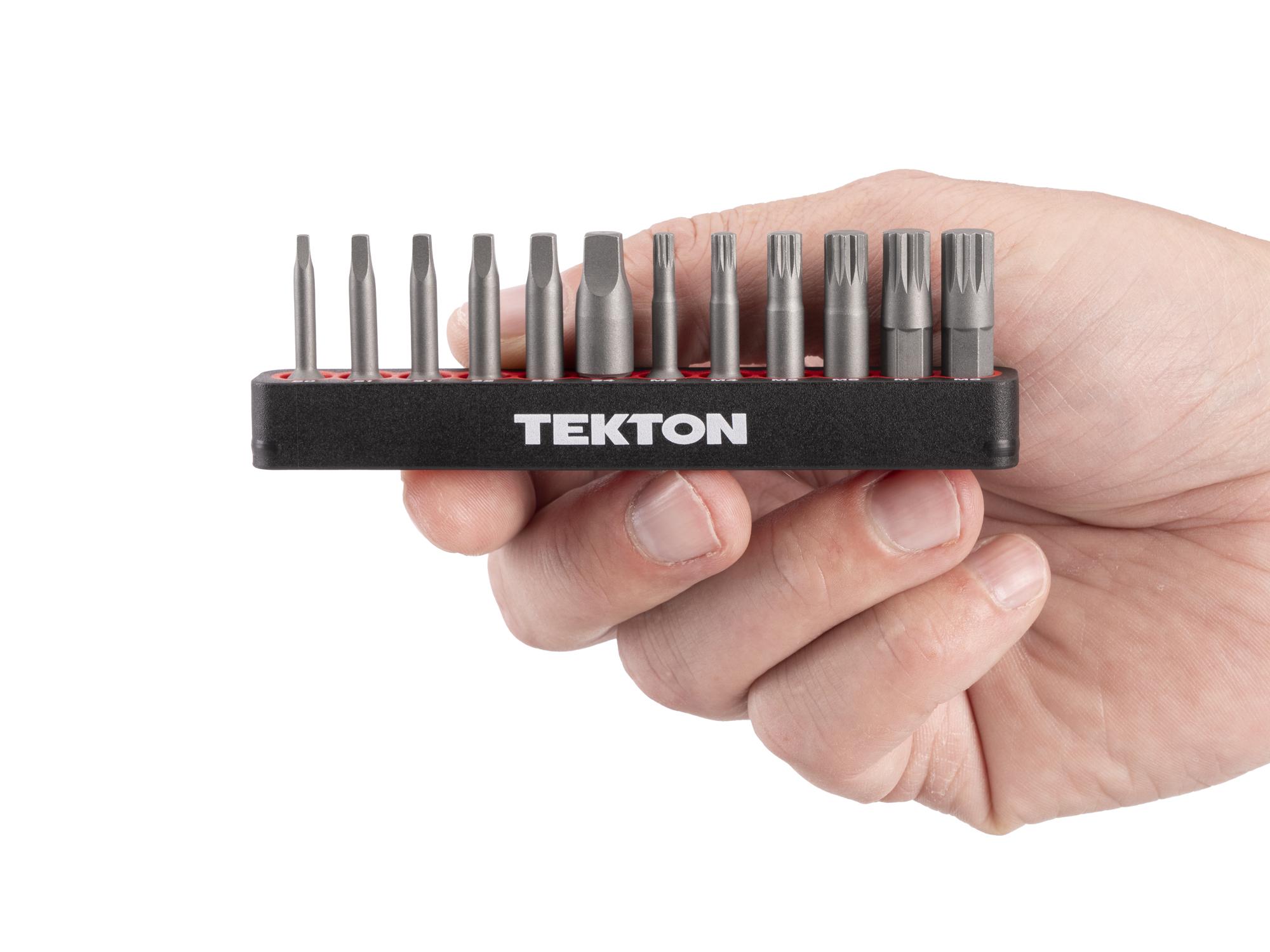 Person holding Tekton rail bit set. Item #DZZ93008