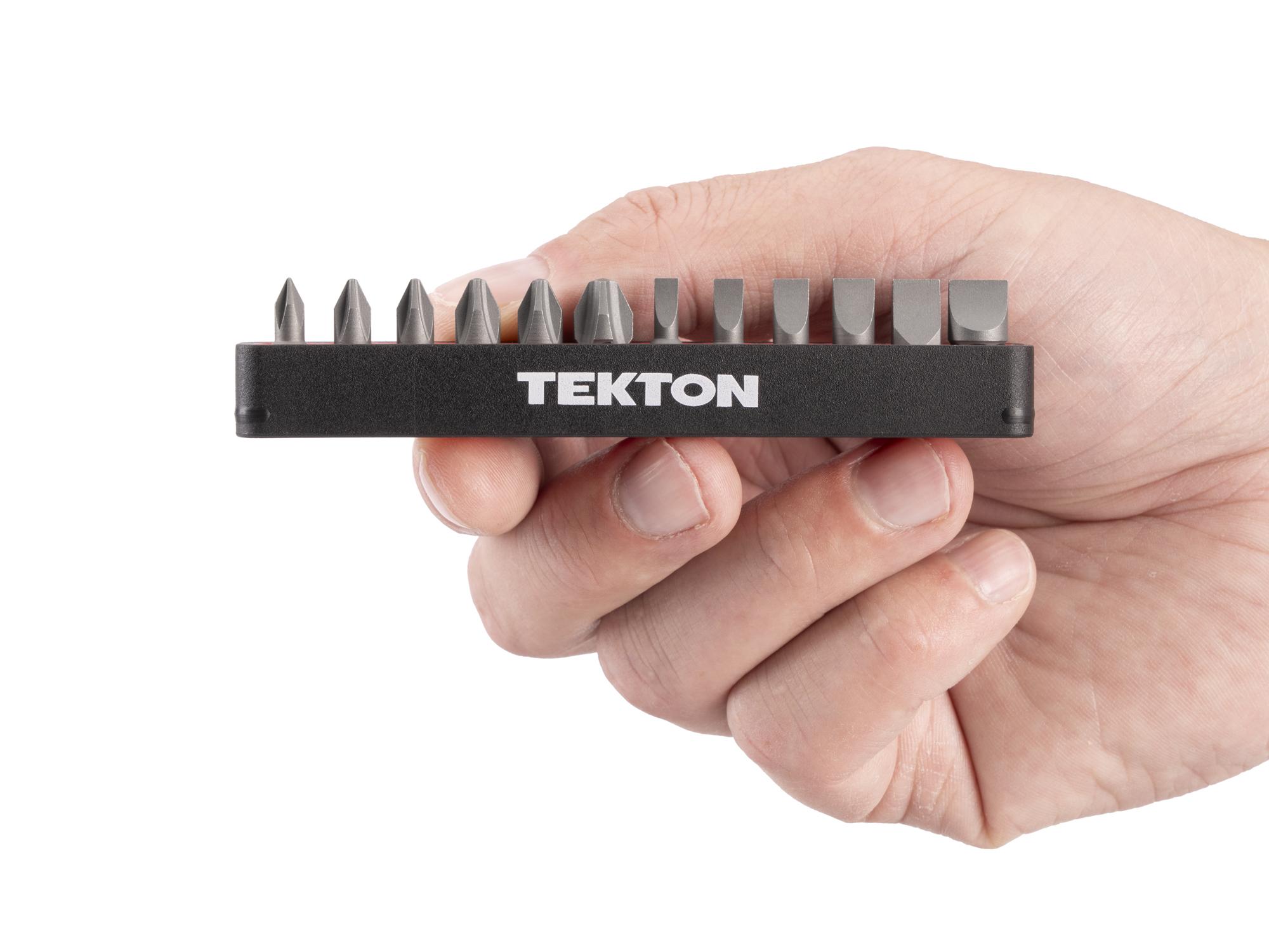 Person holding Tekton rail bit set. Item #DZZ93009