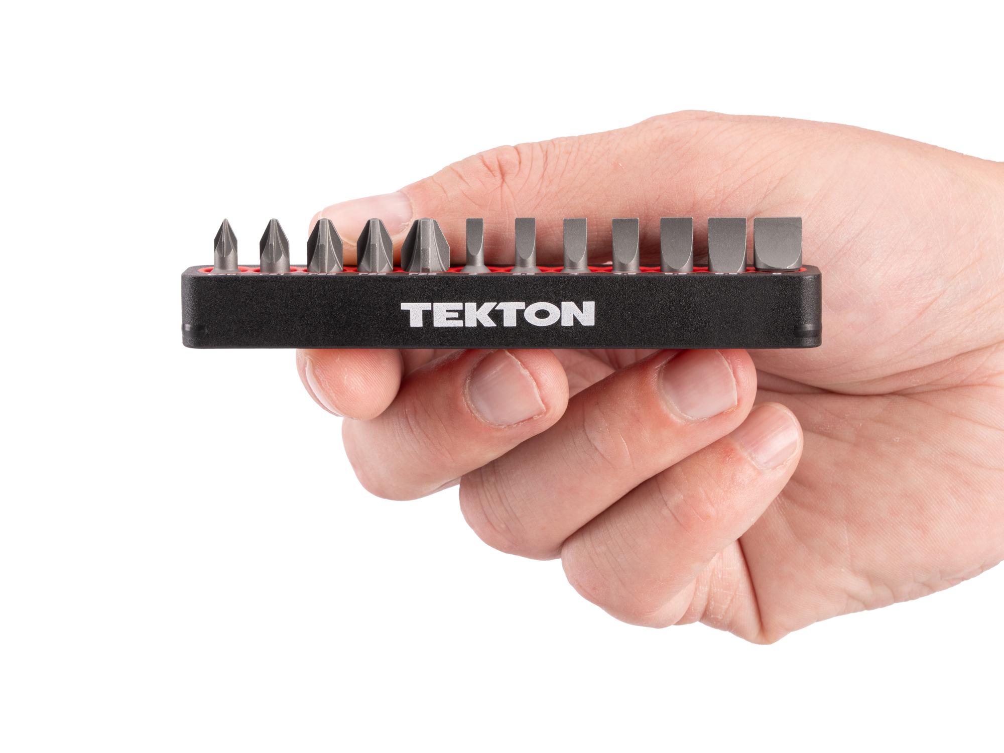 Person holding Tekton rail bit set. Item #DZZ93010