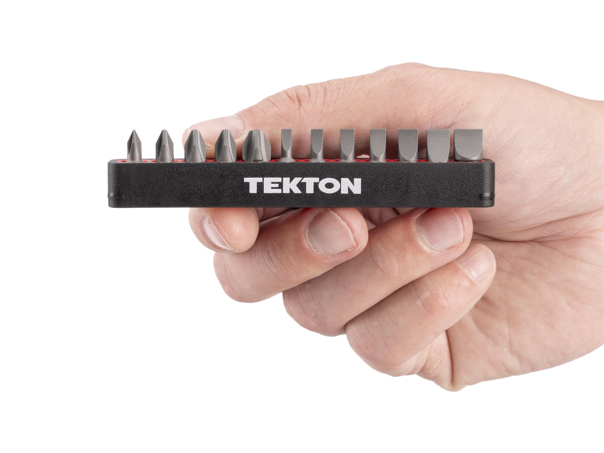 Person holding Tekton rail bit set. Item #DZZ93011