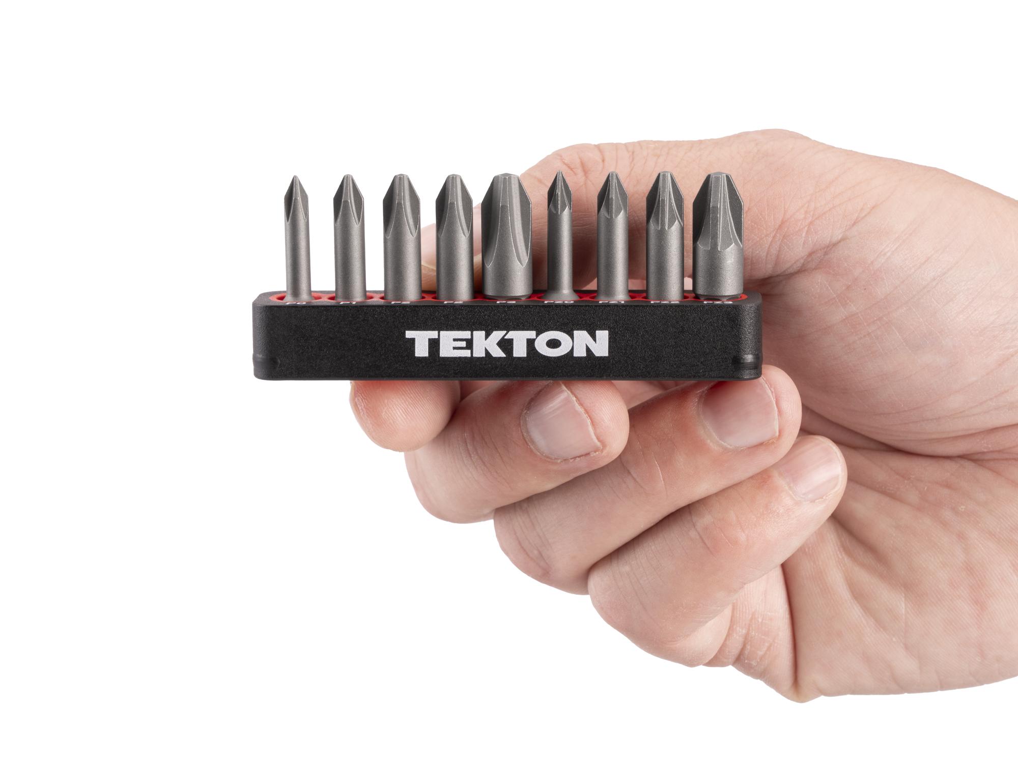 Person holding Tekton rail bit set. Item #DZZ93013
