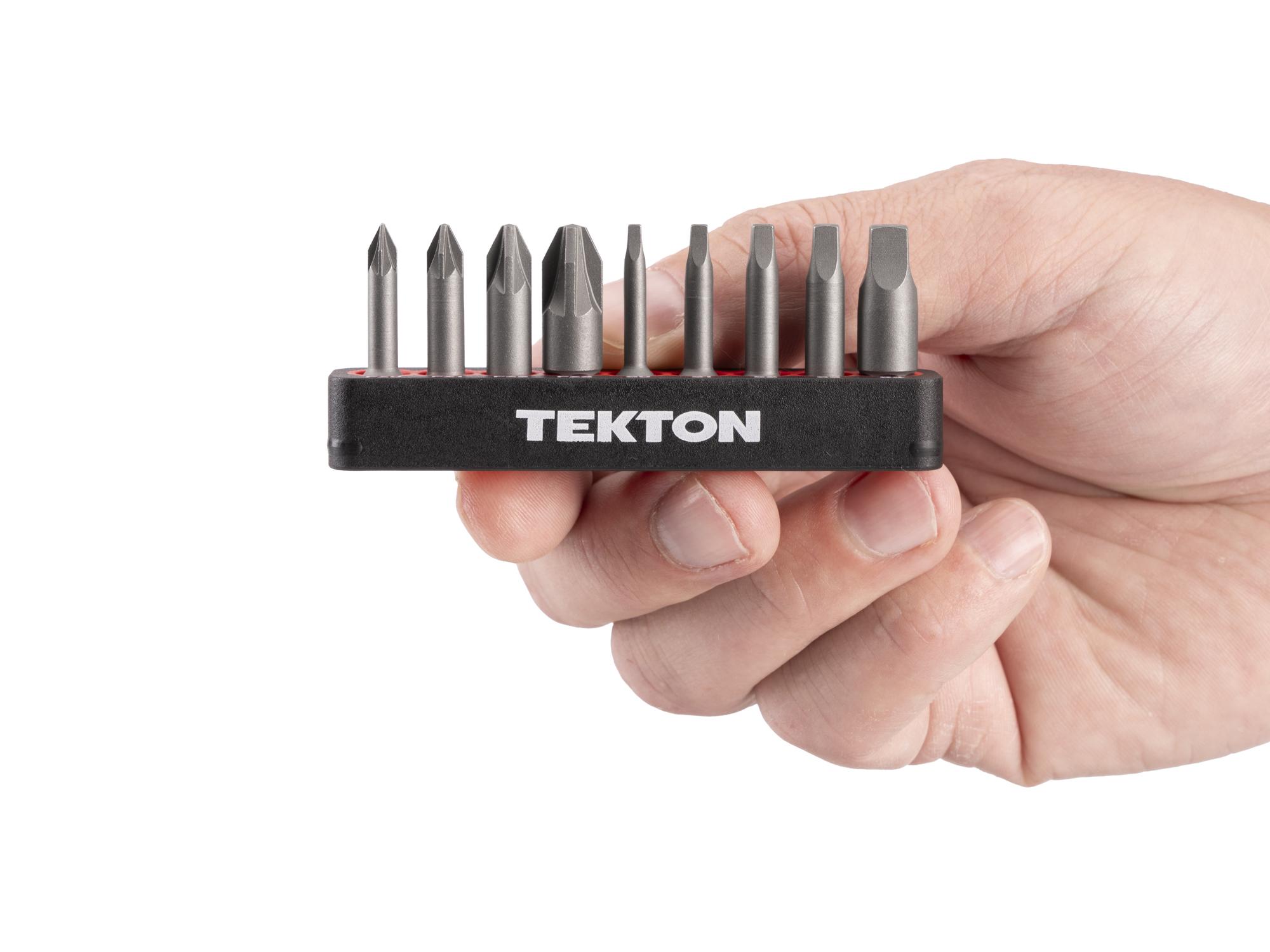 Person holding Tekton rail bit set. Item #DZZ93014
