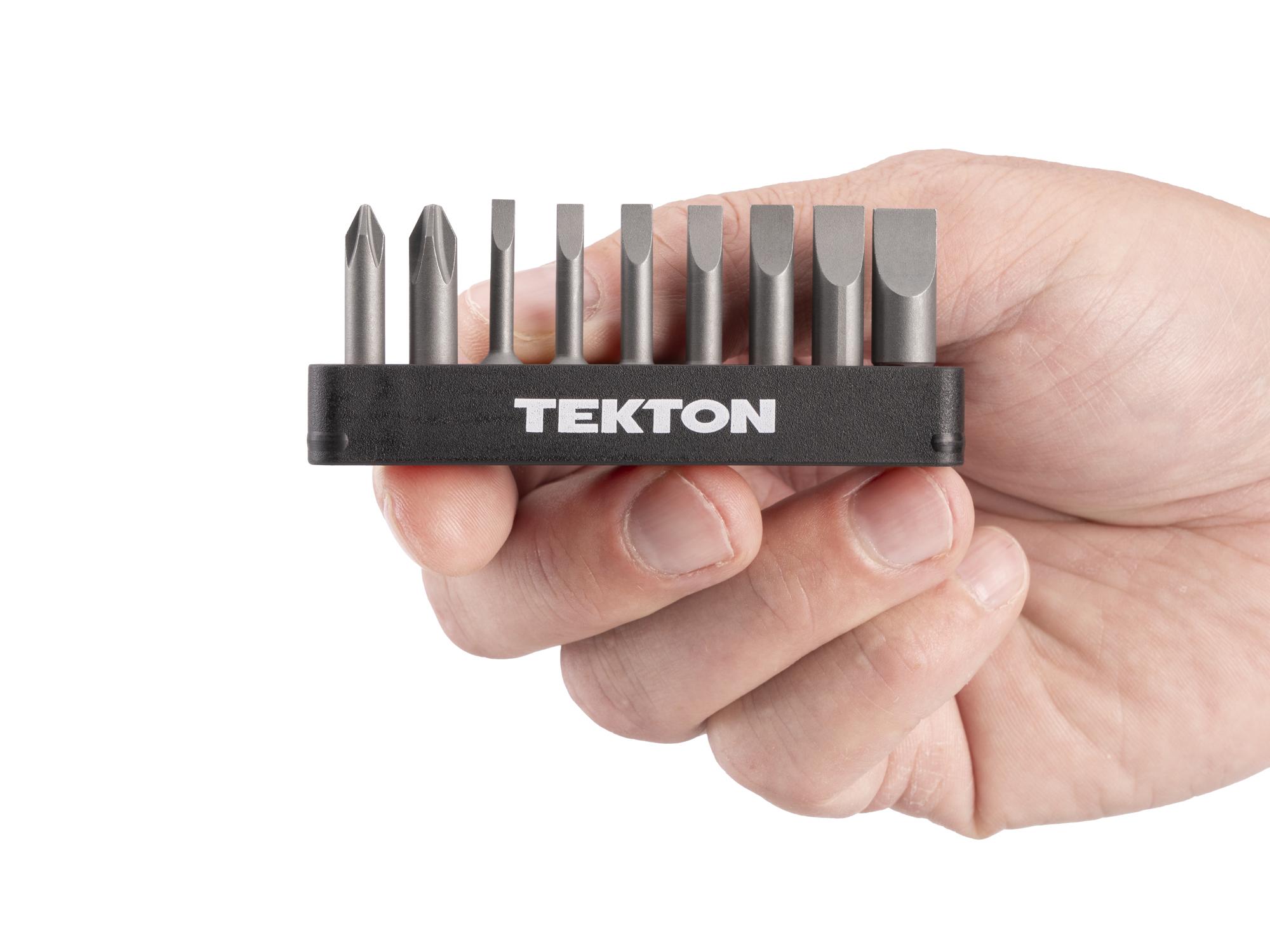 Person holding Tekton rail bit set. Item #DZZ93015