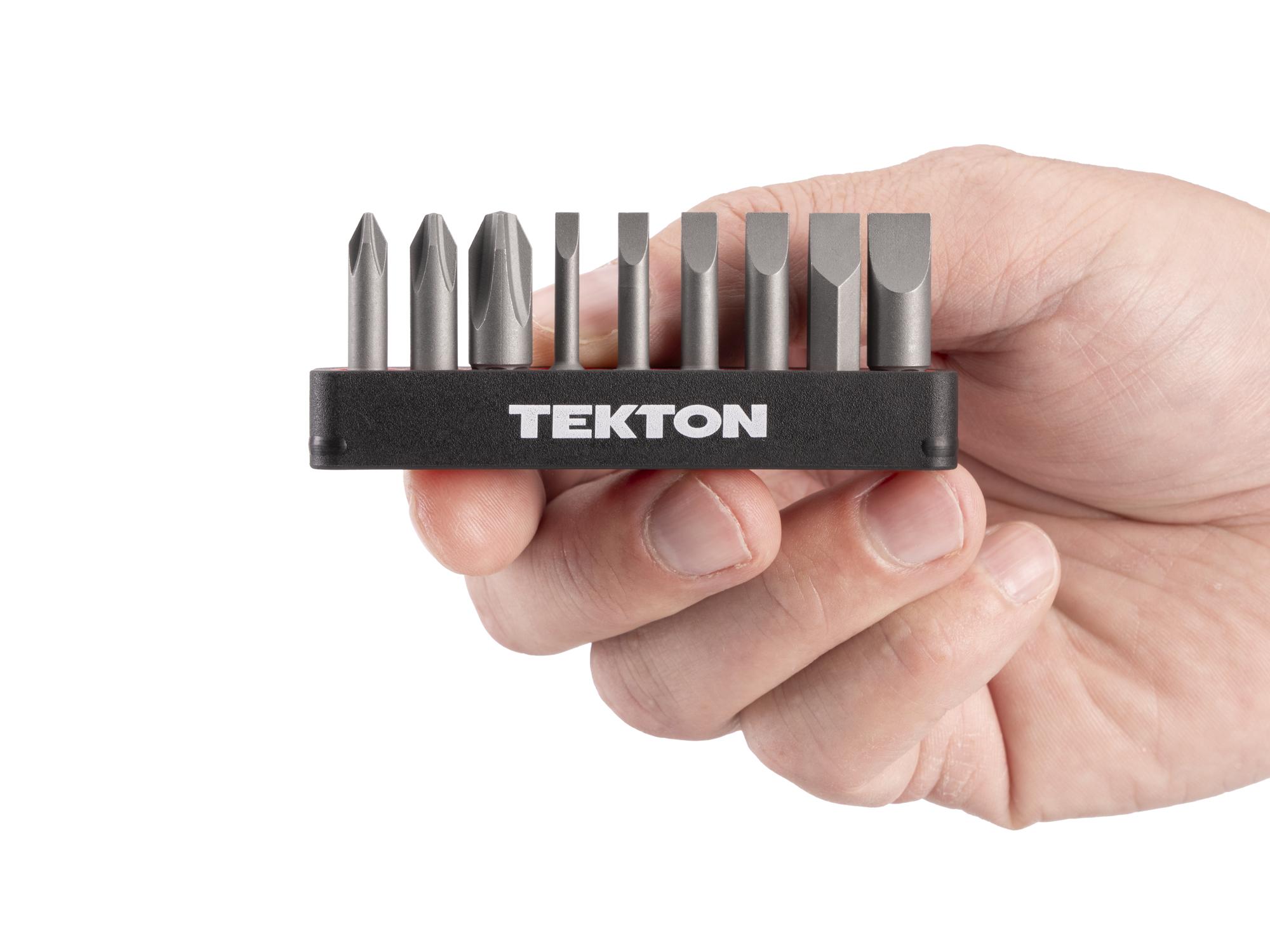 Person holding Tekton rail bit set. Item #DZZ93016