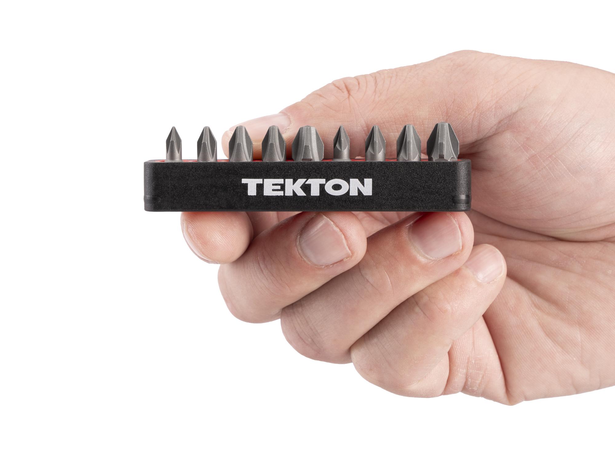 Person holding Tekton rail bit set. Item #DZZ93017