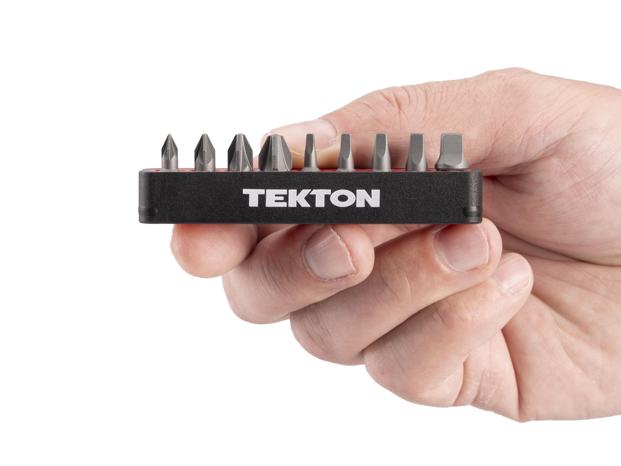 Person holding Tekton rail bit set. Item #DZZ93018