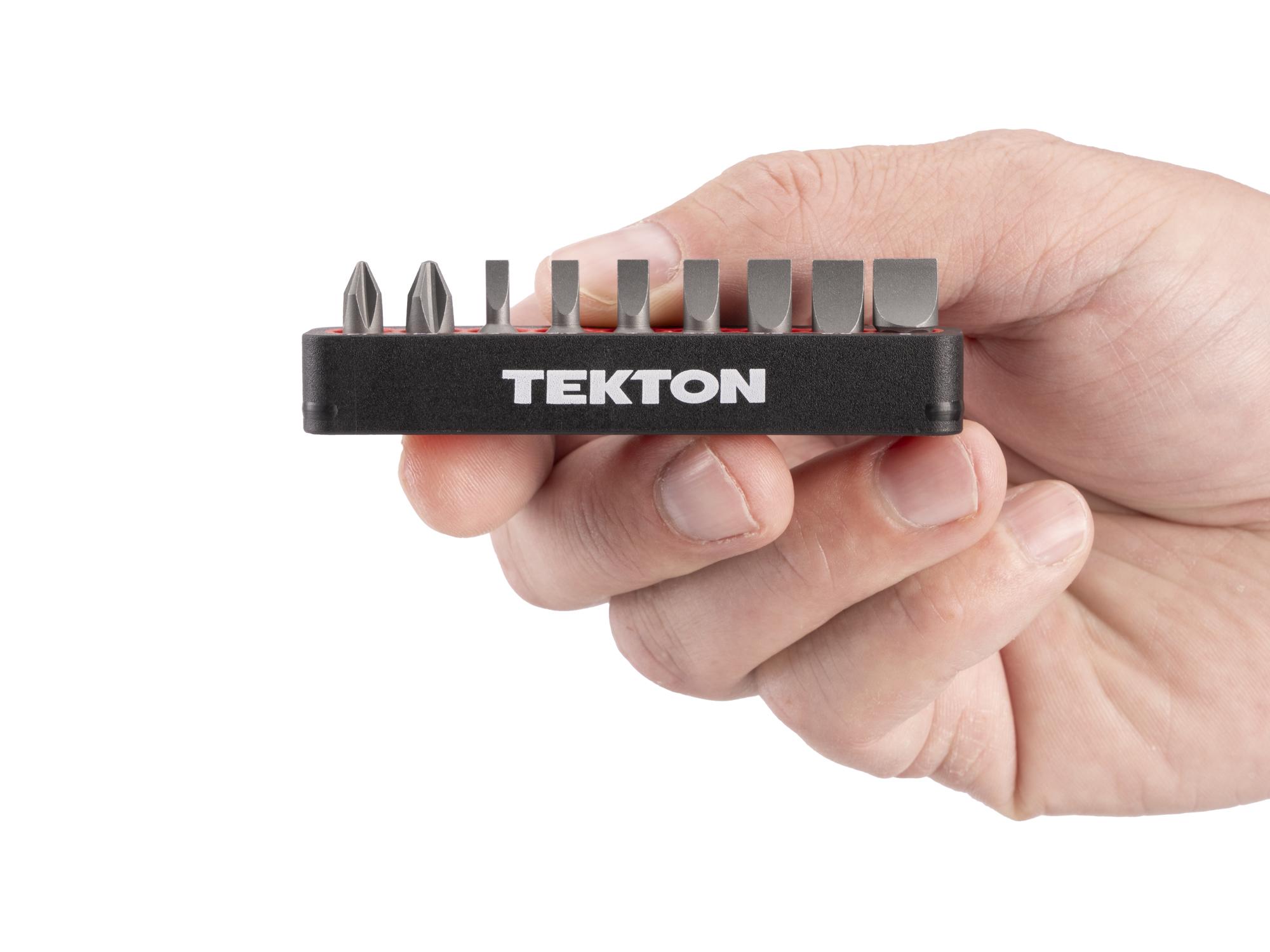 Person holding Tekton rail bit set. Item #DZZ93019