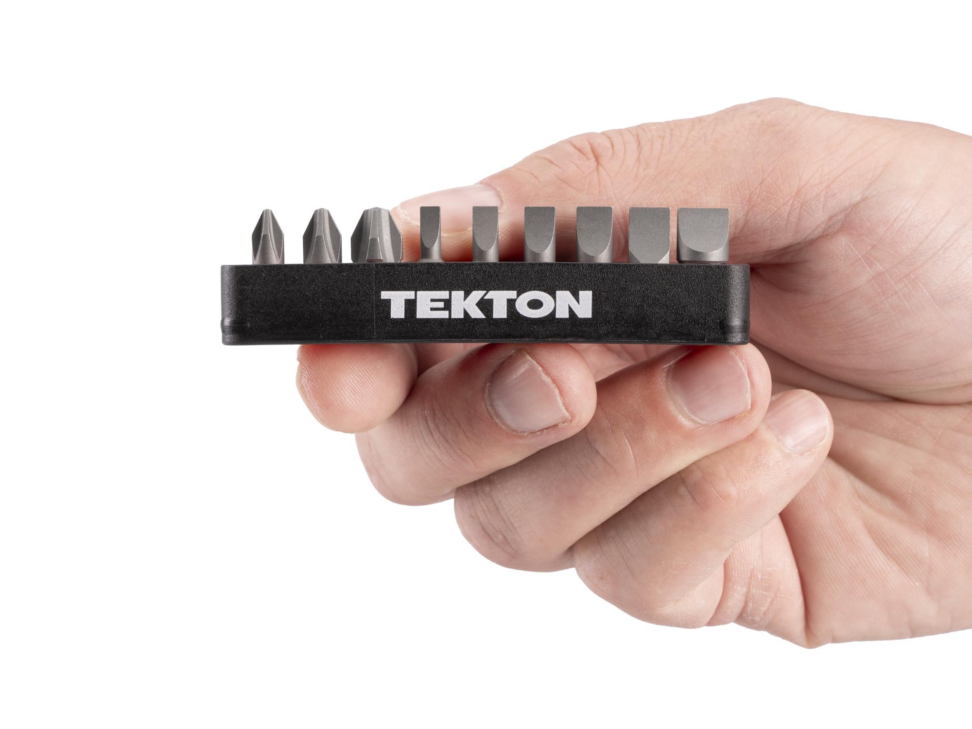Person holding Tekton rail bit set. Item #DZZ93020