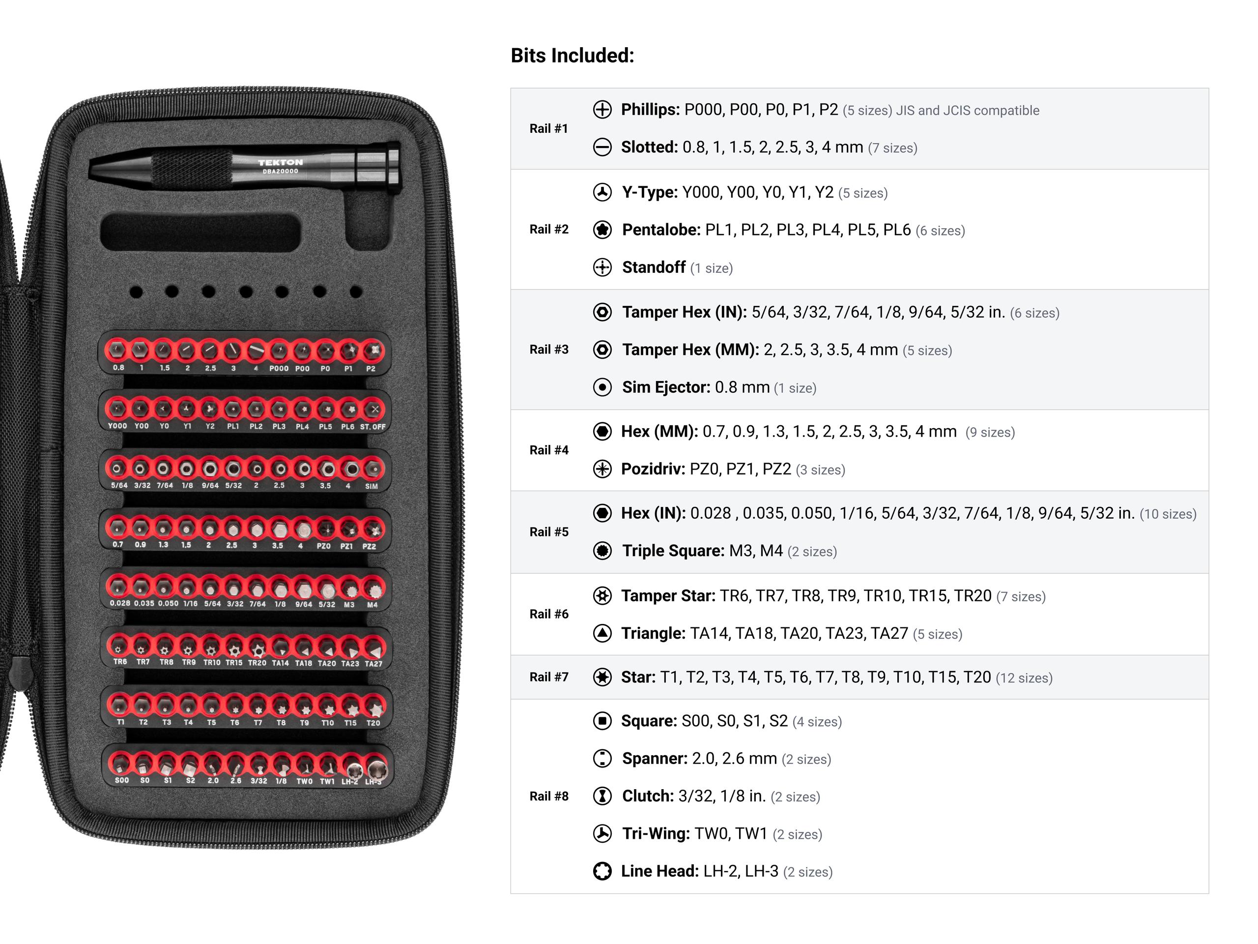 Laid out contents of Tekton case bit set. Item #DBA93100