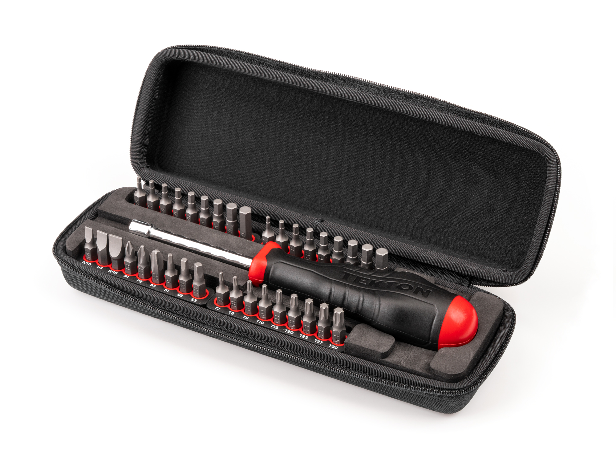 An essential on-the-go screwdriver set with a magnetic driver and 36 bits in phillips, slotted, star and square tip bits.