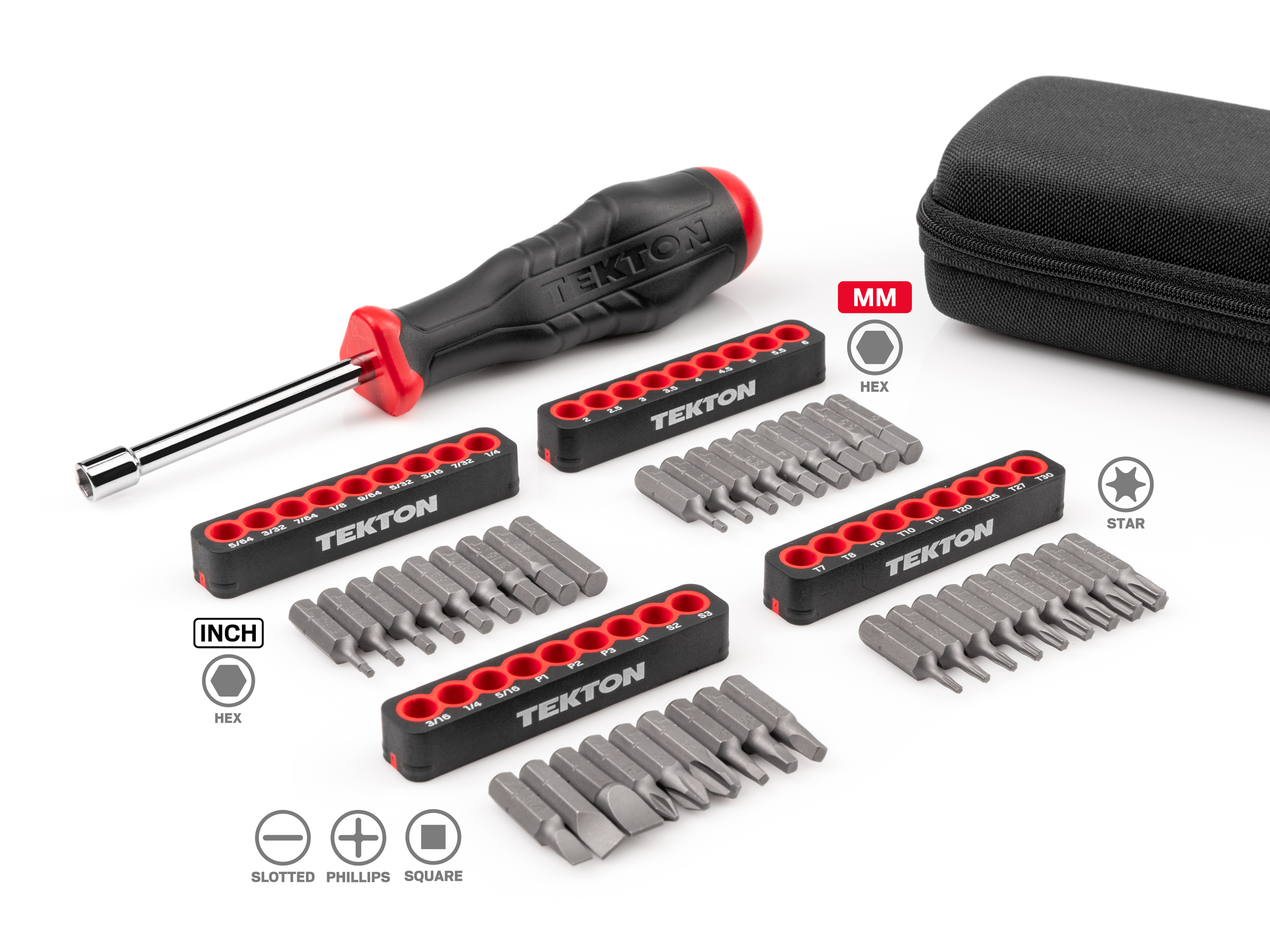 An essential on-the-go screwdriver set with a magnetic driver and 36 bits in phillips, slotted, star and square tip bits.