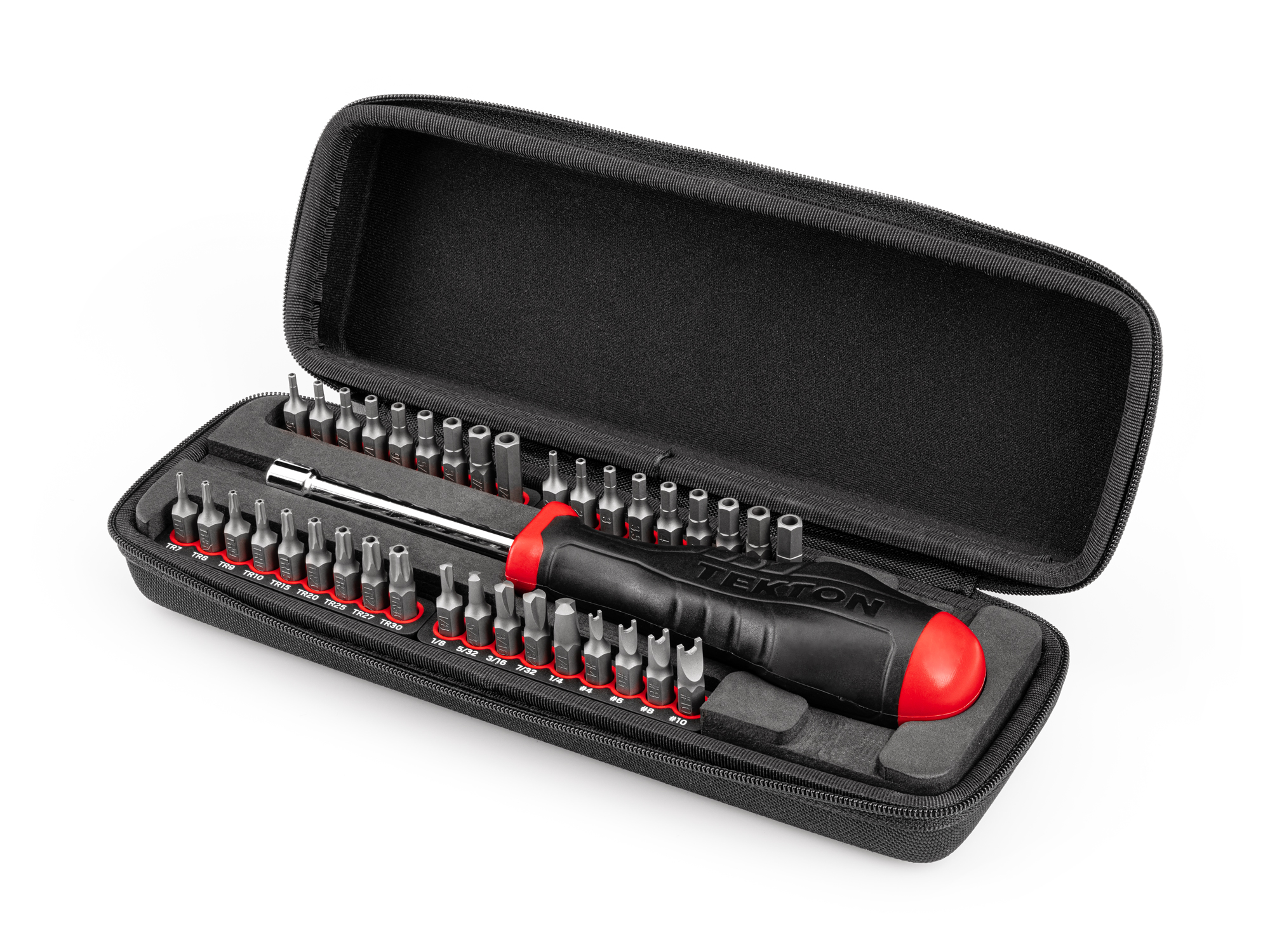 An essential on-the-go screwdriver set with a magnetic driver and 36 security bits in clutch, spanner, hex, and star.