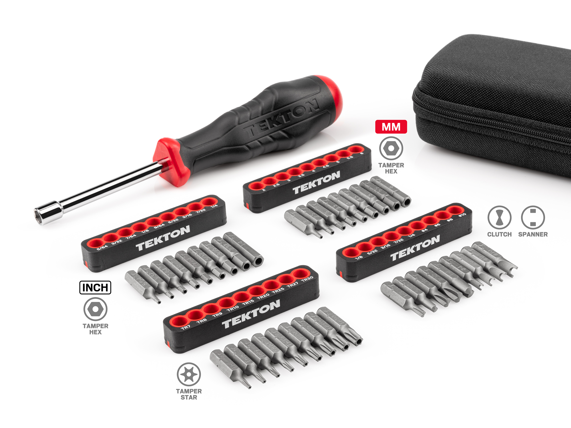 An essential on-the-go screwdriver set with a magnetic driver and 36 security bits in clutch, spanner, hex, and star.