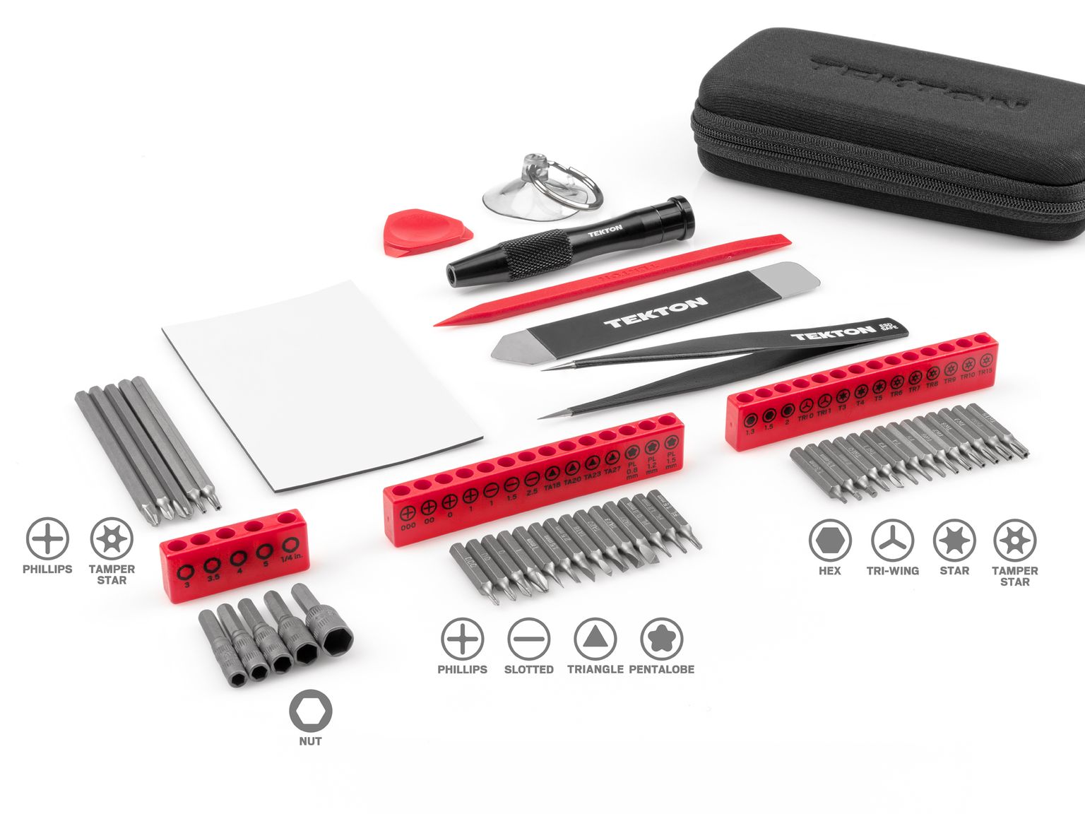 Laid out contents of Tekton case bit set. Item #DRV99003