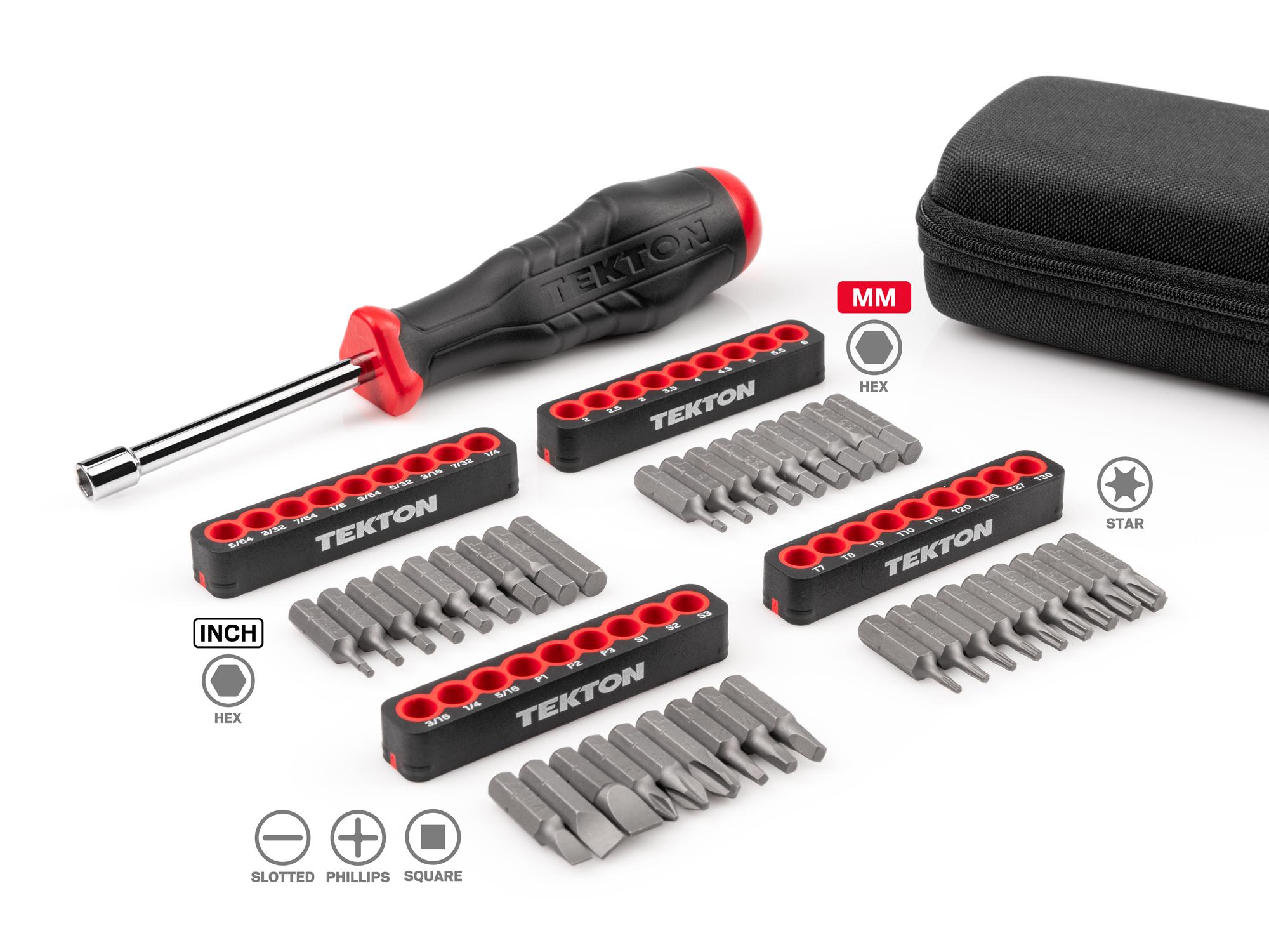 Laid out contents of Tekton case bit set. Item #DRV99003