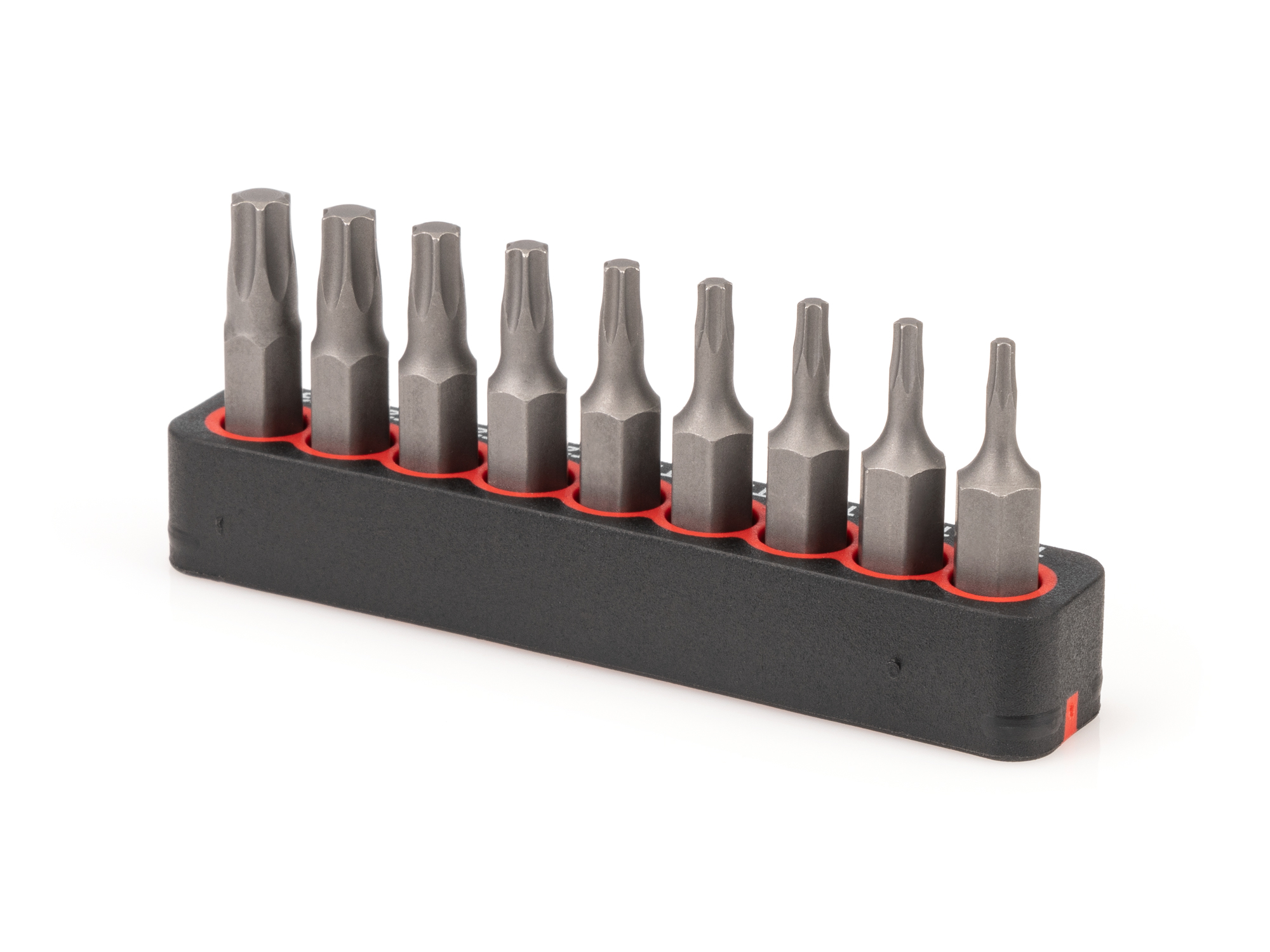 Includes Star bit sizes T7-T30 (Torx) with rail storage. The flexible bit rails grip the bits, while also allowing for easy one-handed removal.