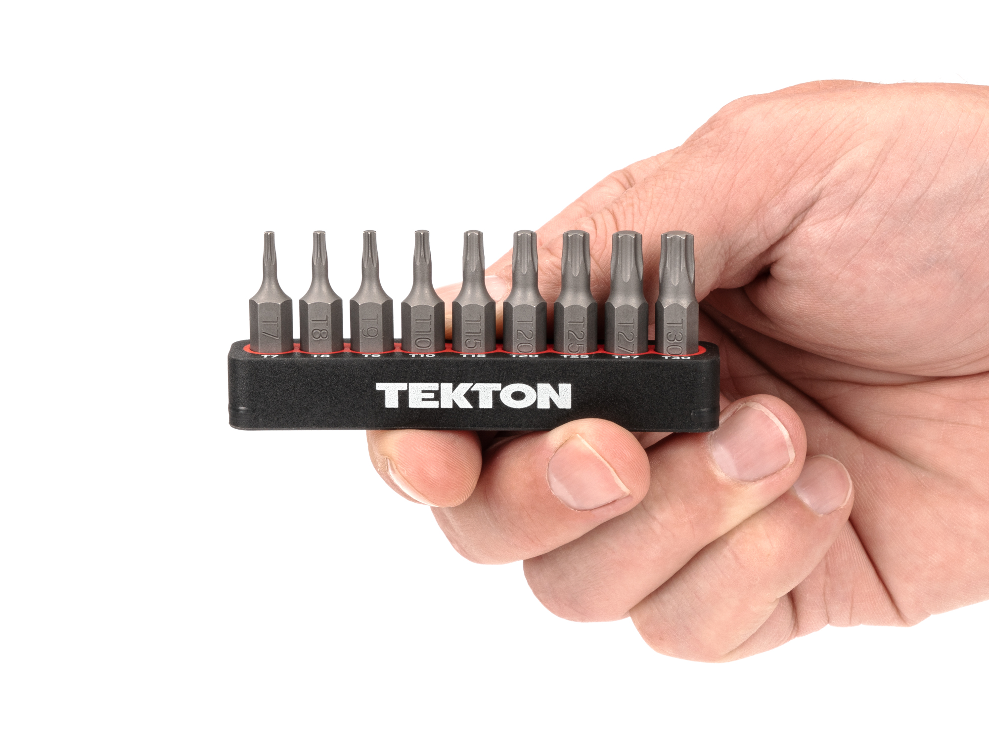 Includes Star bit sizes T7-T30 (Torx) with rail storage. The flexible bit rails grip the bits, while also allowing for easy one-handed removal.