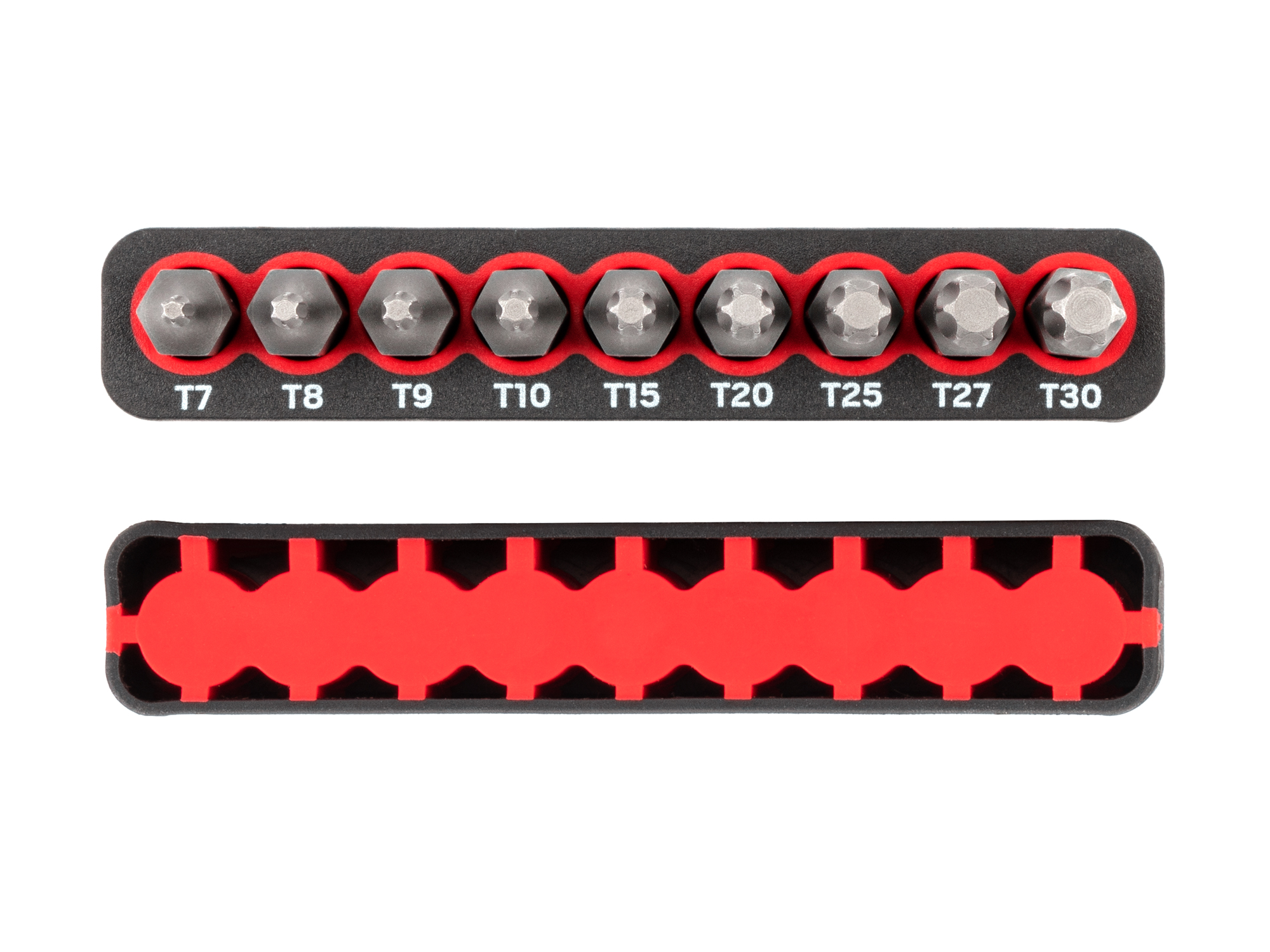 Includes Star bit sizes T7-T30 (Torx) with rail storage. The flexible bit rails grip the bits, while also allowing for easy one-handed removal.