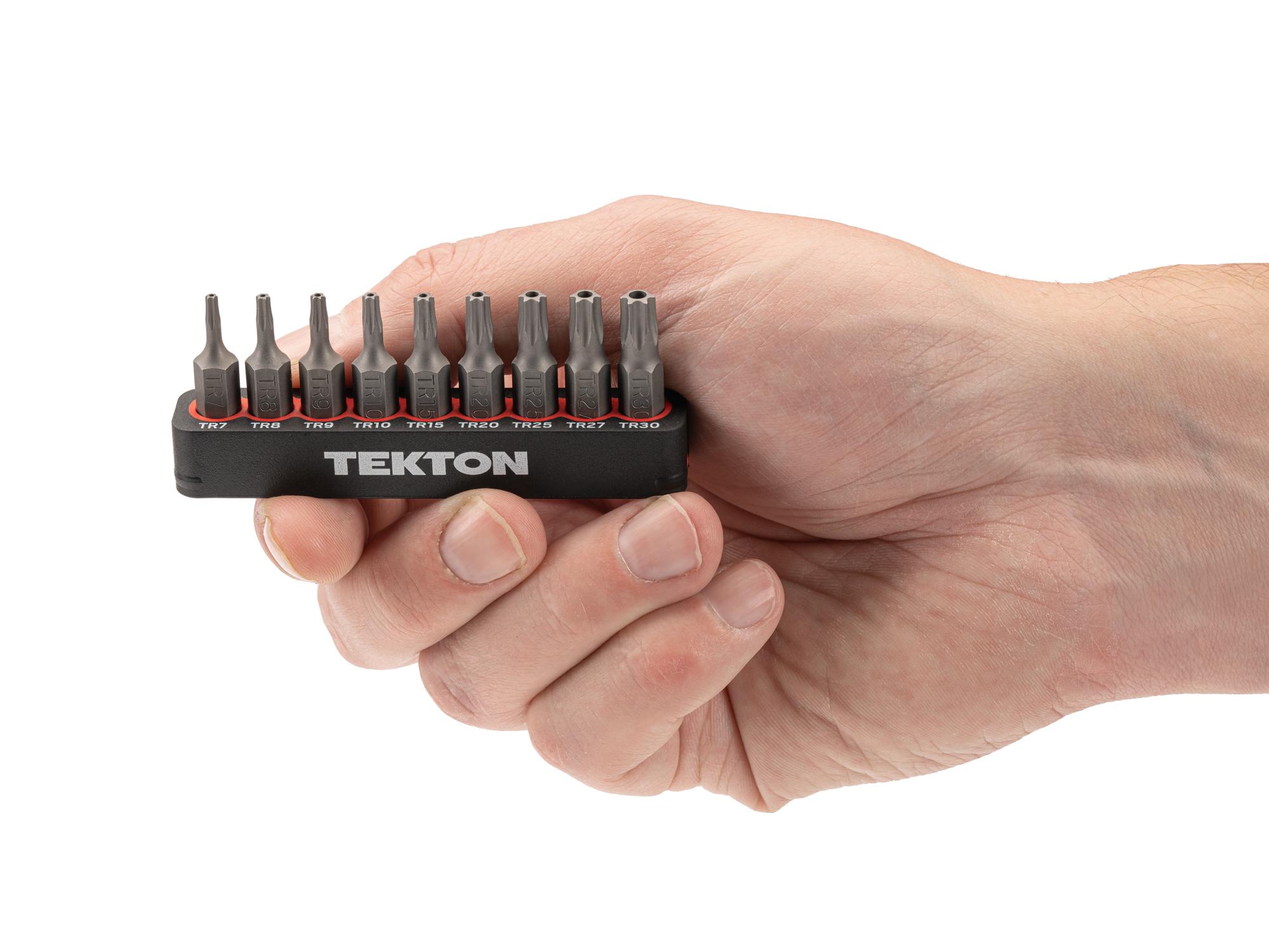 Person holding Tekton rail bit set. Item #DZT93002