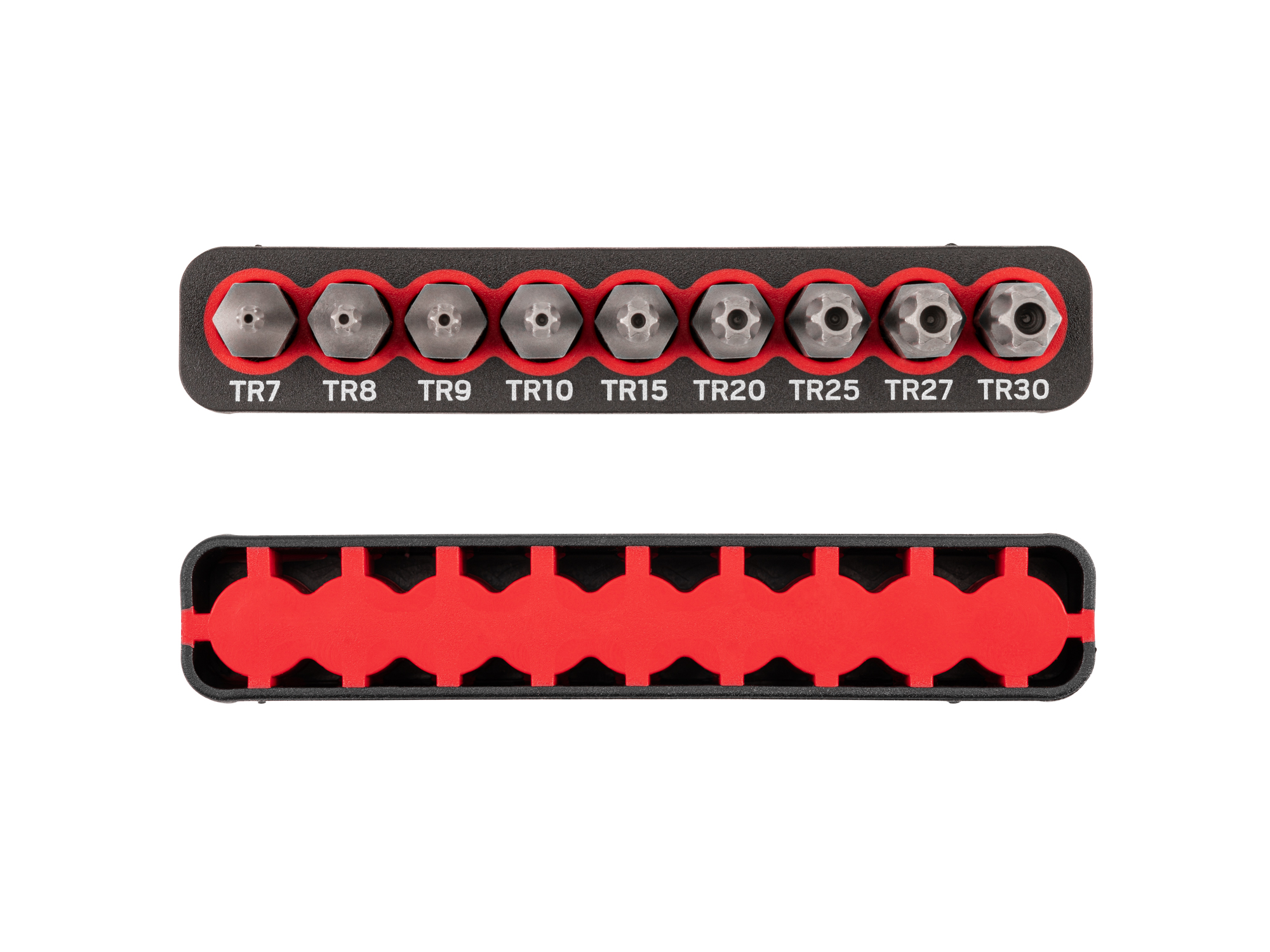 Includes Star security bit sizes TR7-TR30 (Torx) with rail storage. The flexible bit rails grip the bits, while also allowing for easy one-handed removal.