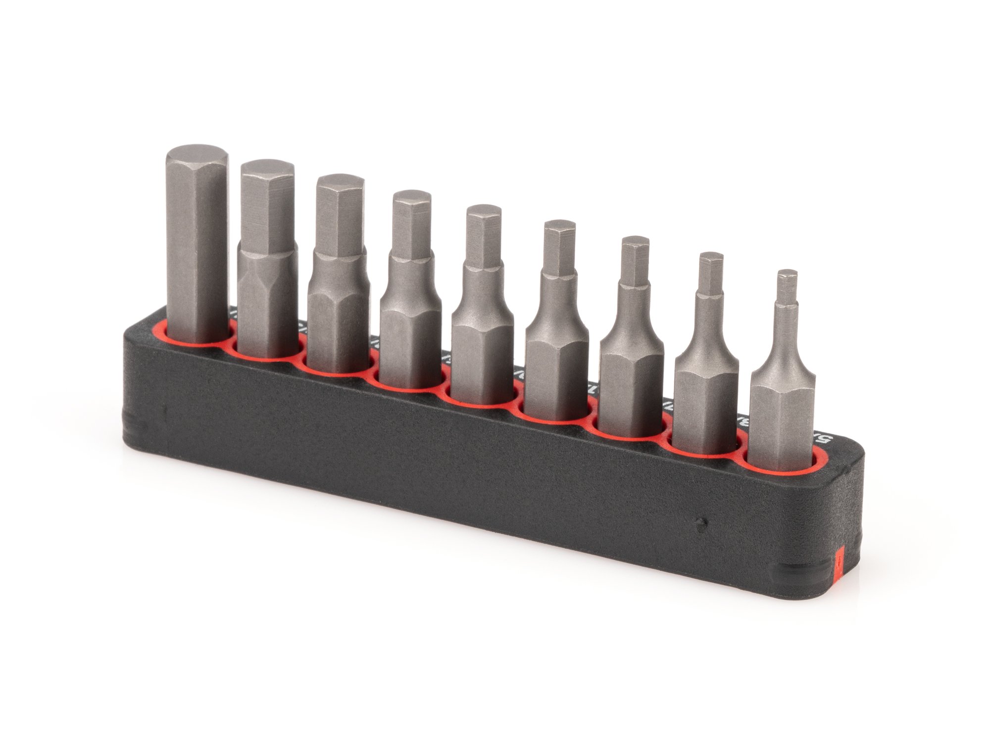 Includes Hex bit sizes 5/64-1/4 in. (SAE) with rail storage. The flexible bit rails grip the bits, while also allowing for easy one-handed removal.