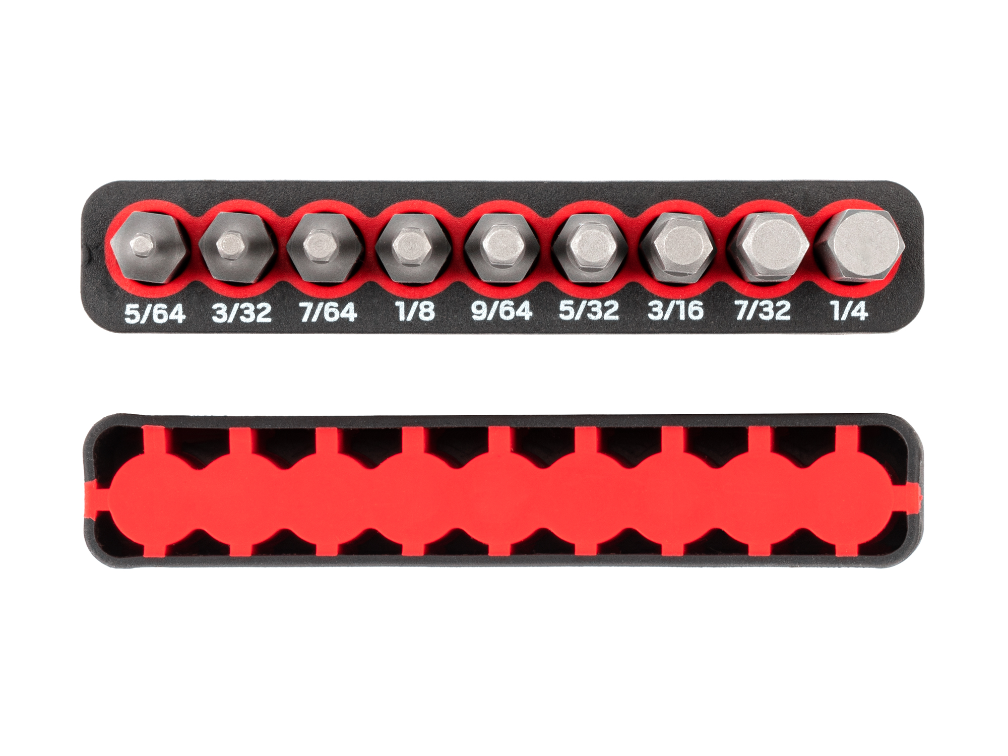 Includes Hex bit sizes 5/64-1/4 in. (SAE) with rail storage. The flexible bit rails grip the bits, while also allowing for easy one-handed removal.