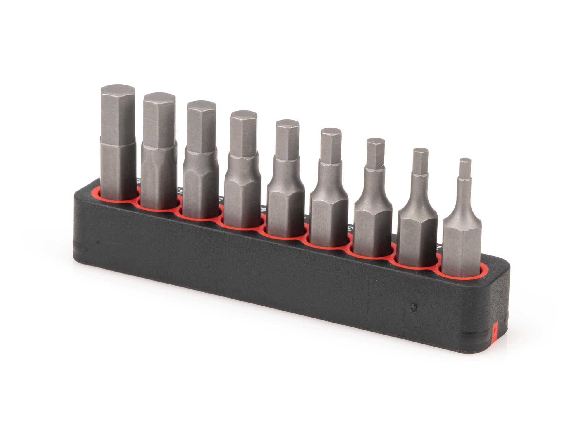 Includes Hex bit sizes 2-6 mm (Metric) with rail storage. The flexible bit rails grip the bits, while also allowing for easy one-handed removal.