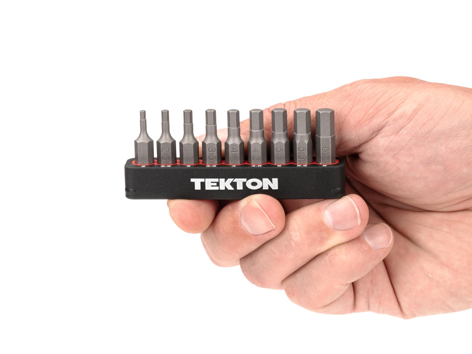 Person holding Tekton rail bit set. Item #DZX93002