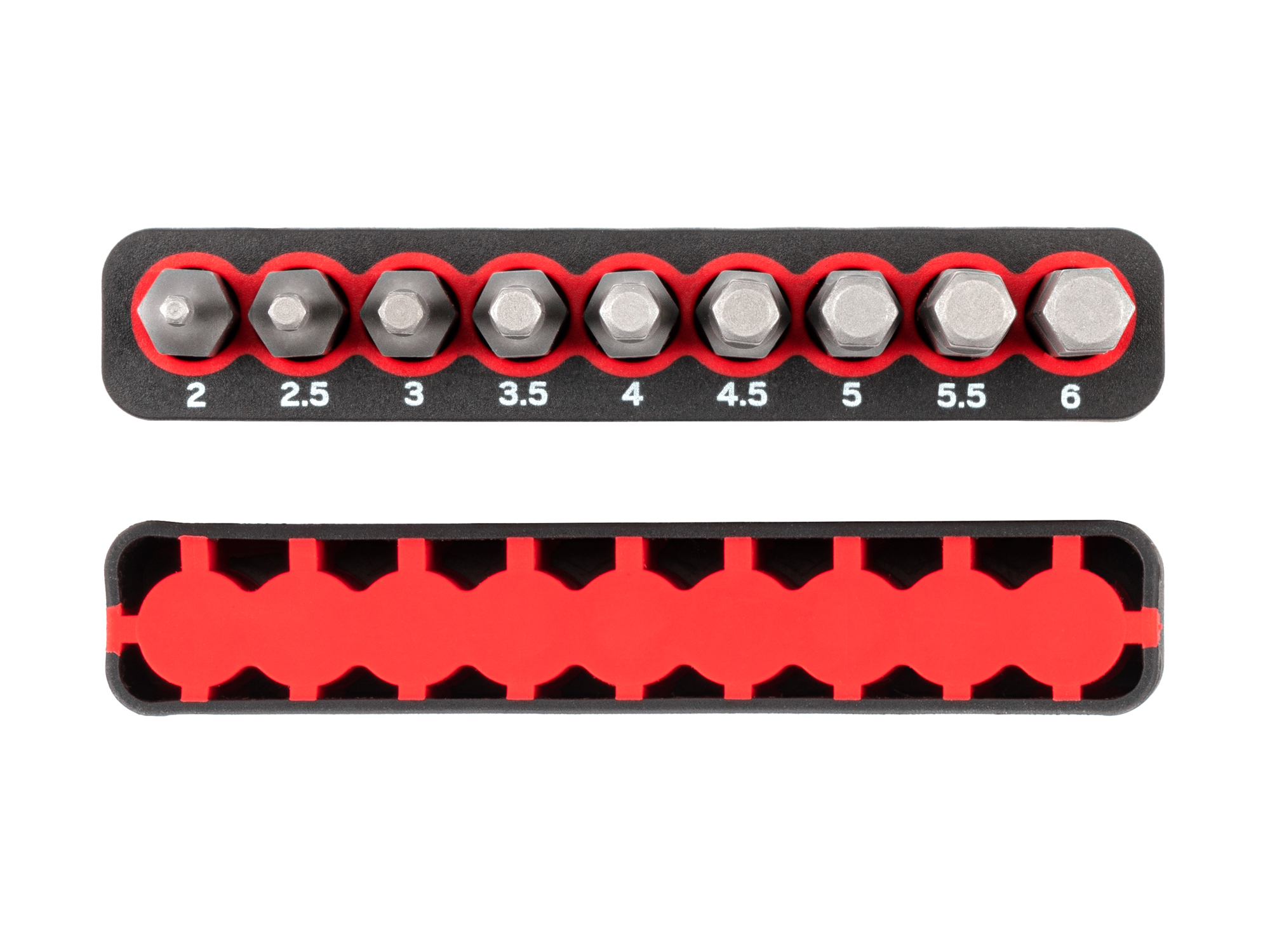 Includes Hex bit sizes 2-6 mm (Metric) with rail storage. The flexible bit rails grip the bits, while also allowing for easy one-handed removal.