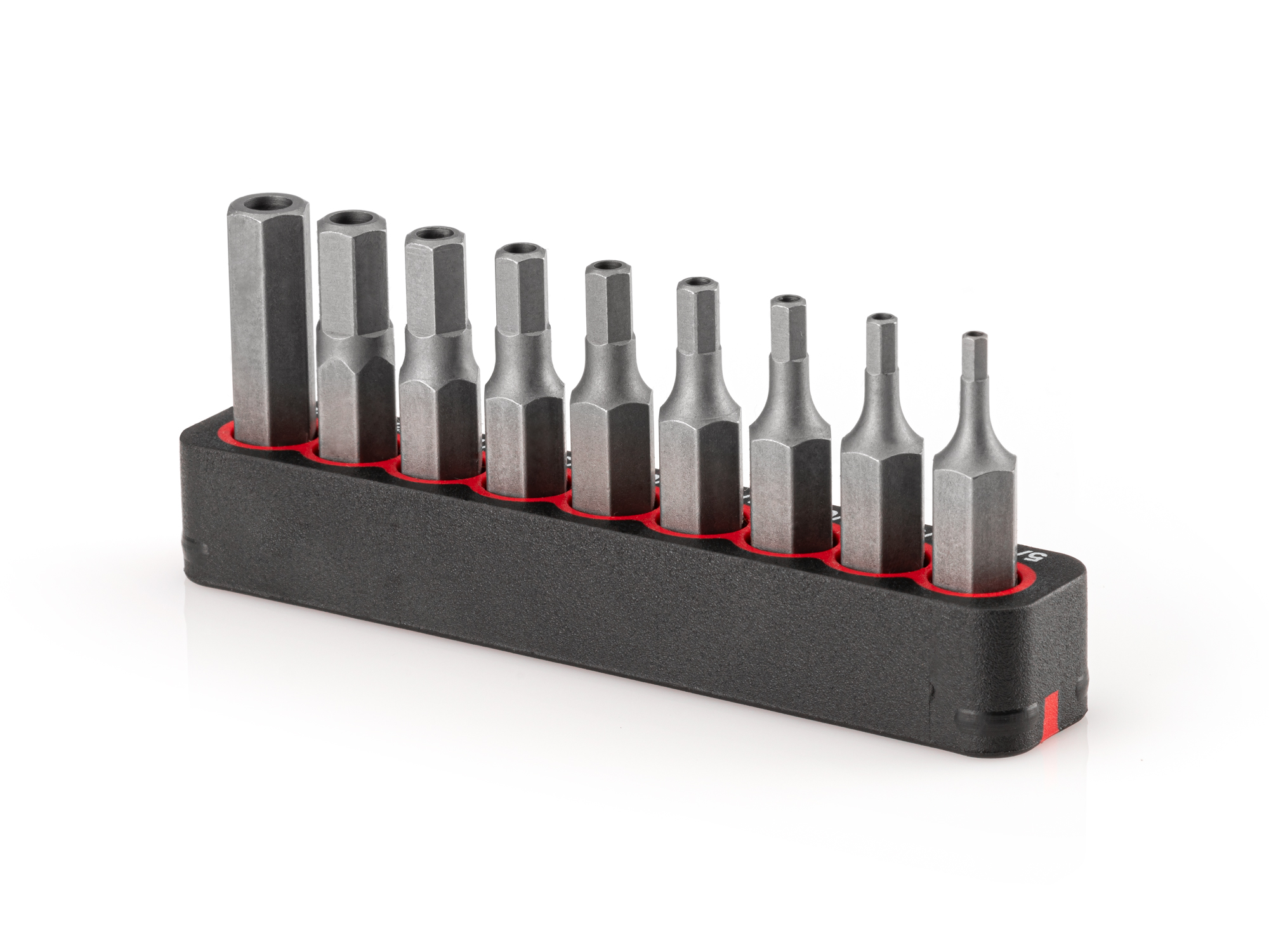 Includes Hex security bit sizes 5/64-1/4 in. (SAE) with rail storage. The flexible bit rails grip the bits, while also allowing for easy one-handed removal.