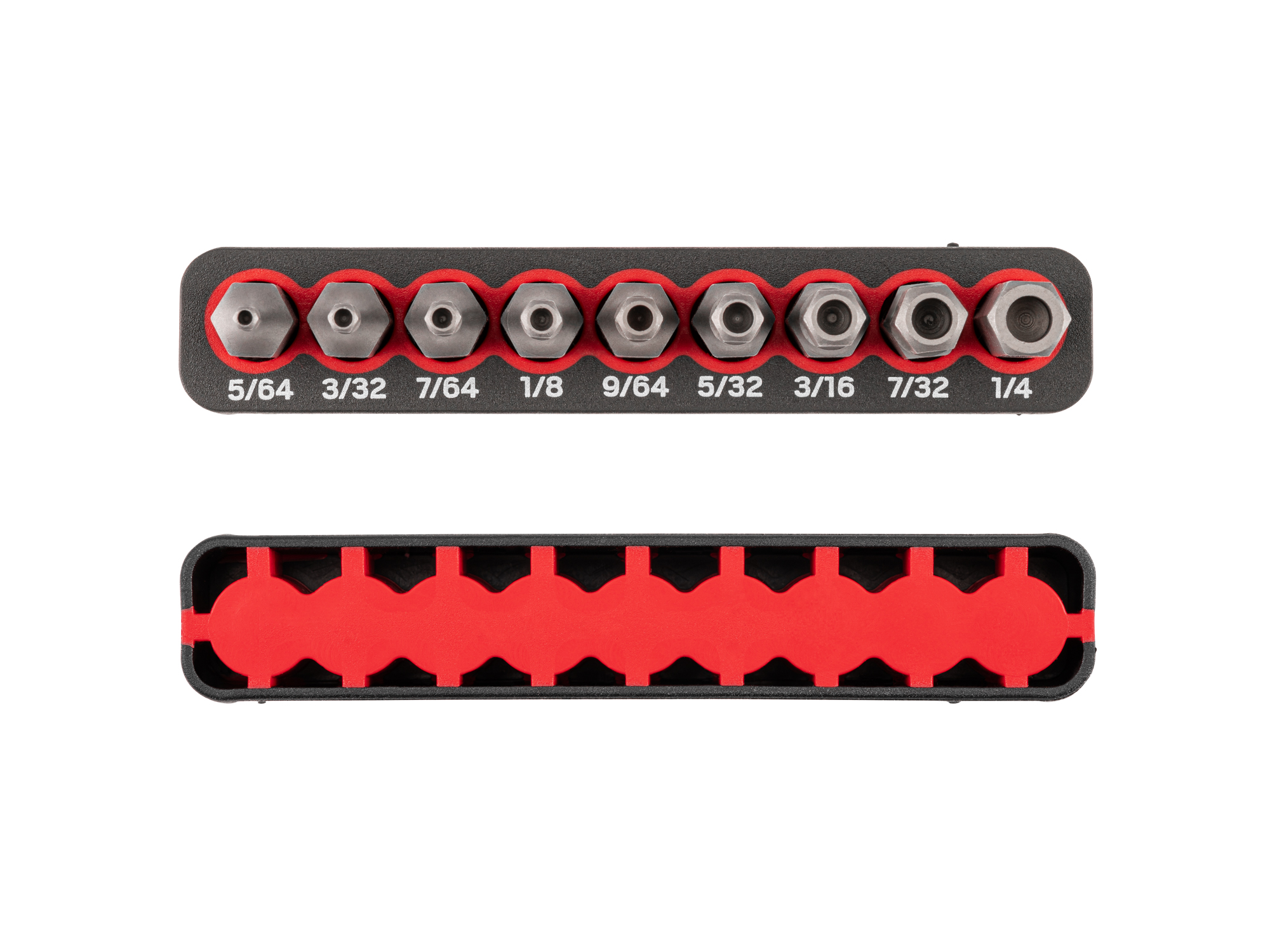 Includes Hex security bit sizes 5/64-1/4 in. (SAE) with rail storage. The flexible bit rails grip the bits, while also allowing for easy one-handed removal.