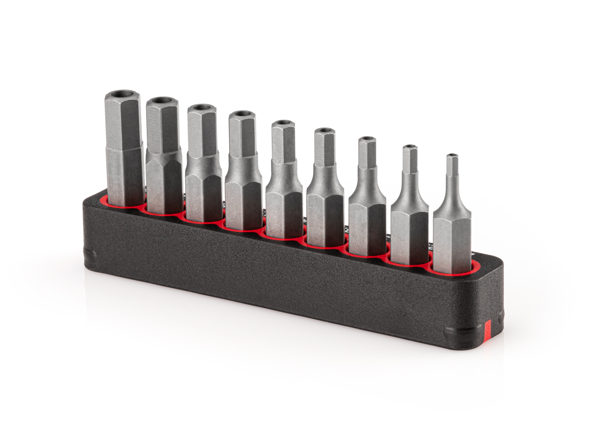 Includes Hex security bit sizes 2-6 mm (Metric) with rail storage. The flexible bit rails grip the bits, while also allowing for easy one-handed removal.