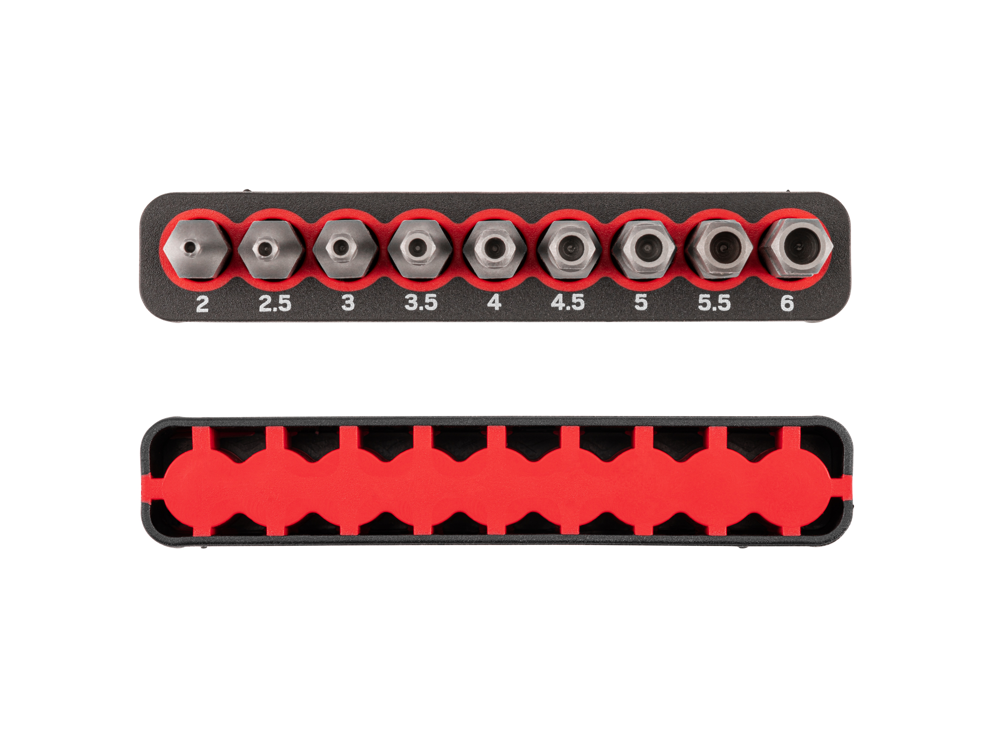 Includes Hex security bit sizes 2-6 mm (Metric) with rail storage. The flexible bit rails grip the bits, while also allowing for easy one-handed removal.