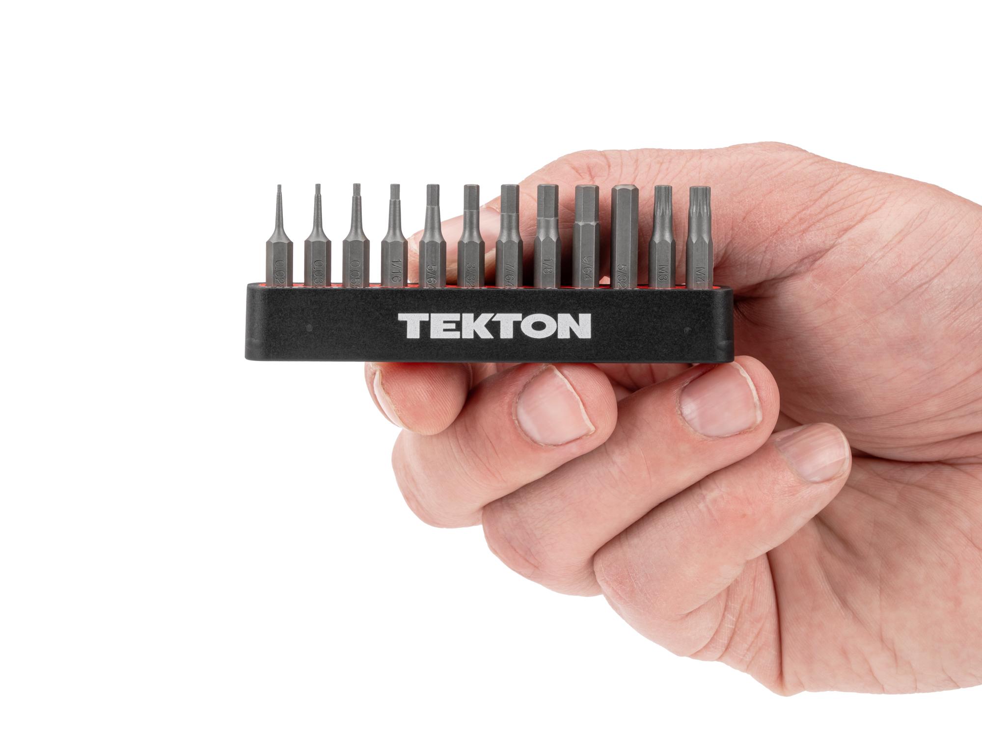 Person holding Tekton rail bit set. Item #DZZ92004